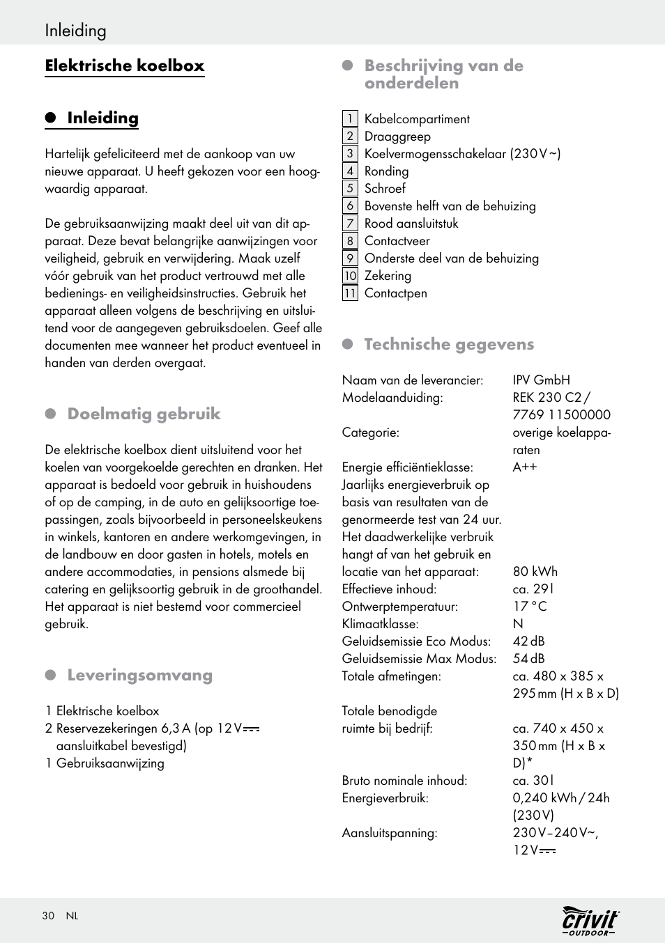 Inleiding, Elektrische koelbox inleiding, Doelmatig gebruik | Leveringsomvang, Beschrijving van de onderdelen, Technische gegevens | Crivit REK 230 C2 User Manual | Page 29 / 44