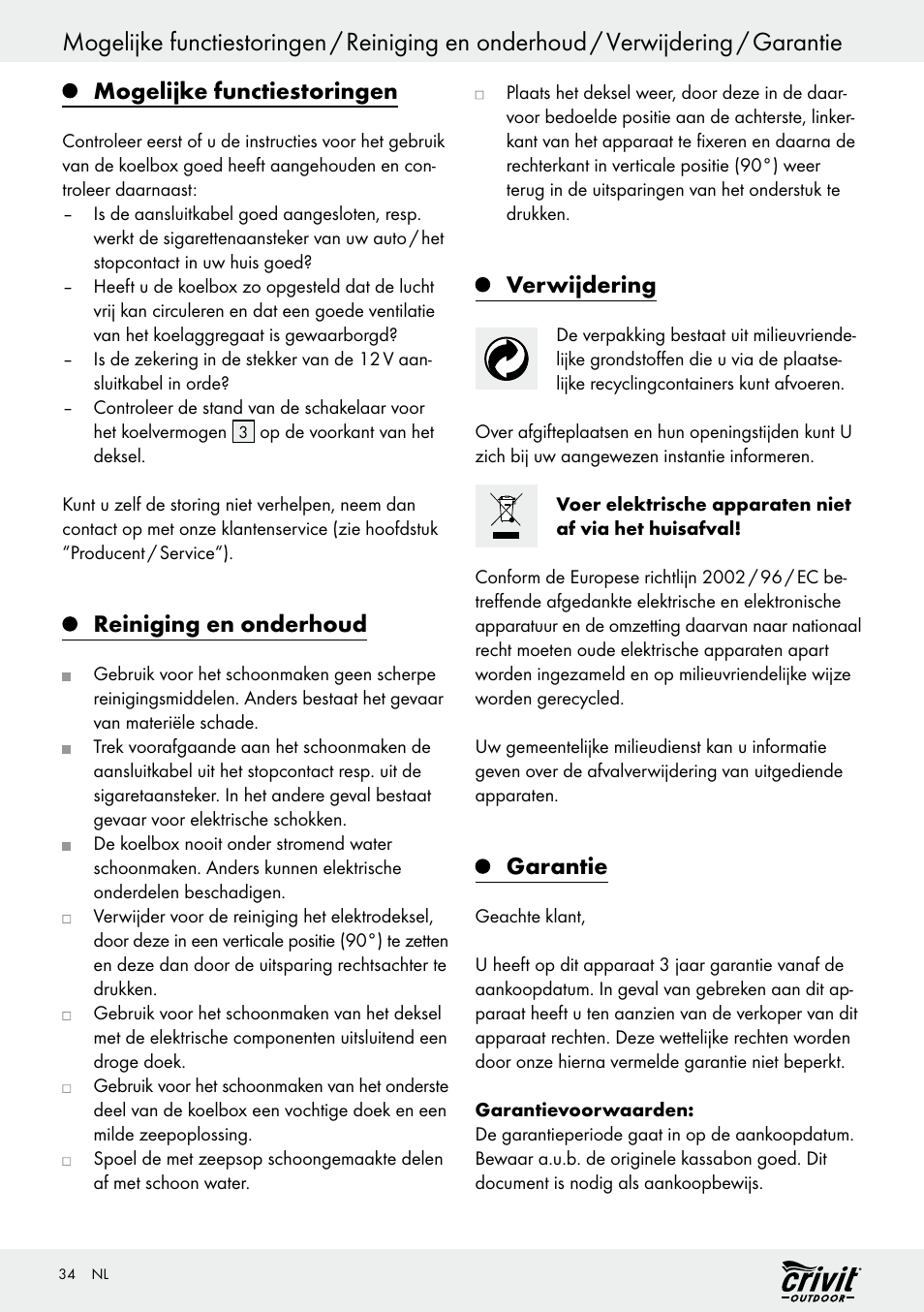 Mogelijke functiestoringen, Reiniging en onderhoud, Verwijdering | Garantie | Crivit REK 230 C2 User Manual | Page 33 / 44