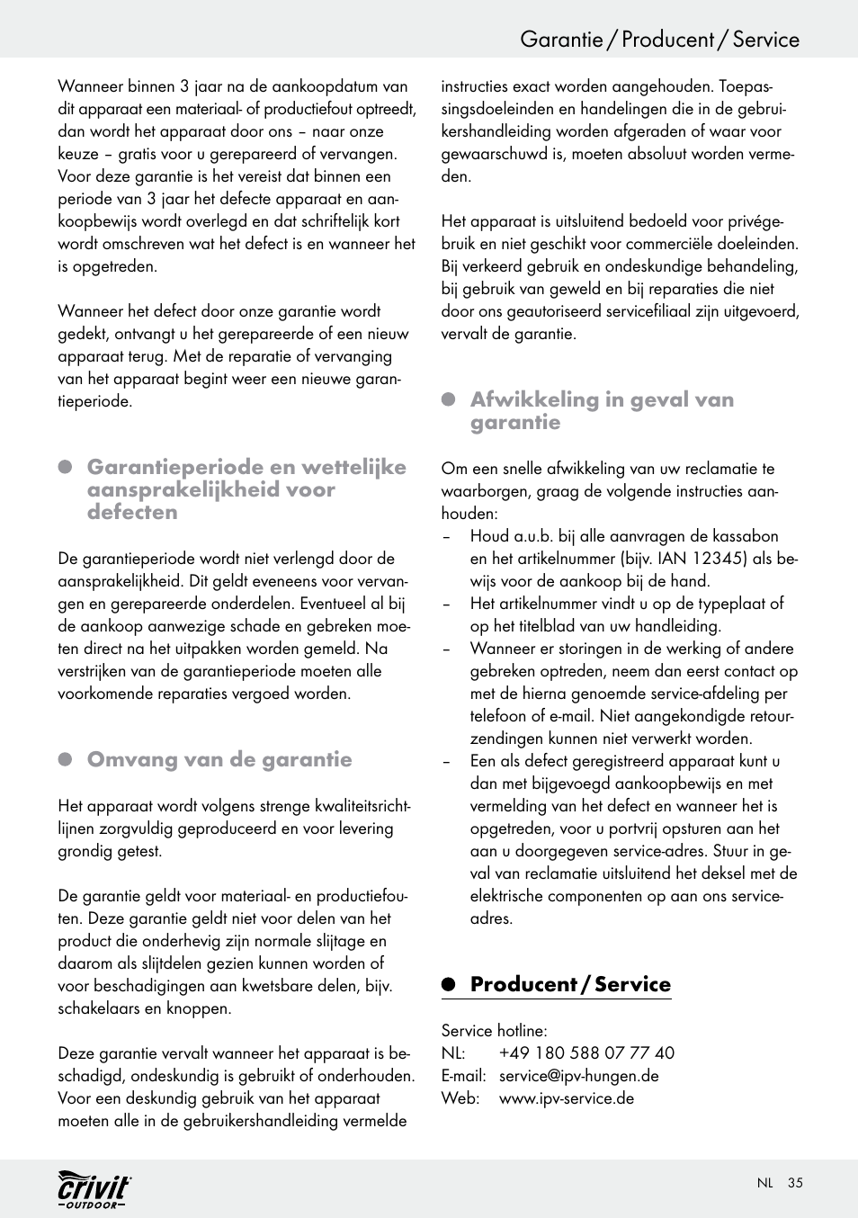 Garantie / producent / service, Omvang van de garantie, Afwikkeling in geval van garantie | Producent / service | Crivit REK 230 C2 User Manual | Page 34 / 44