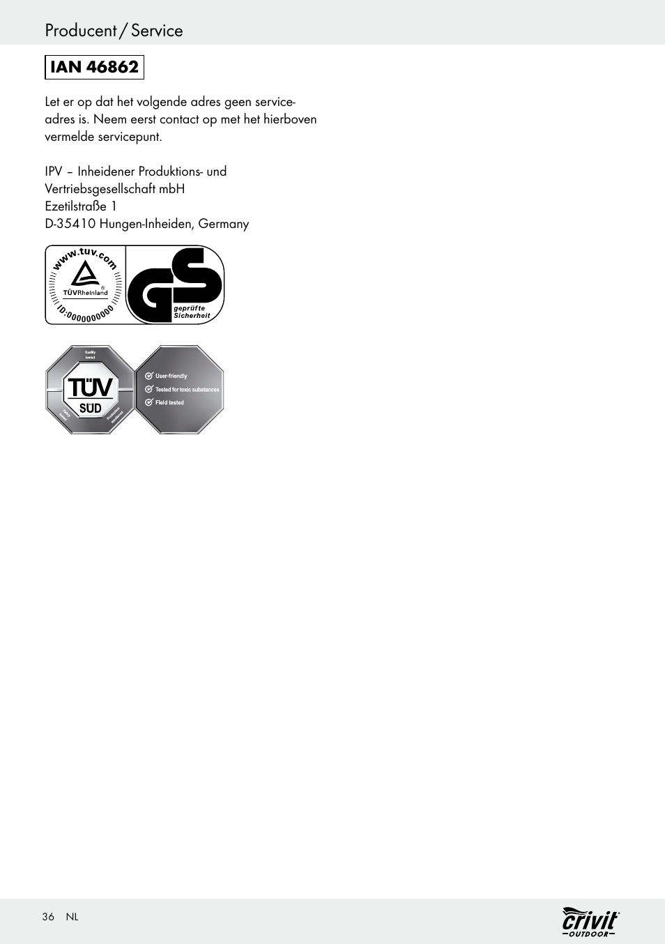 Producent / service | Crivit REK 230 C2 User Manual | Page 35 / 44