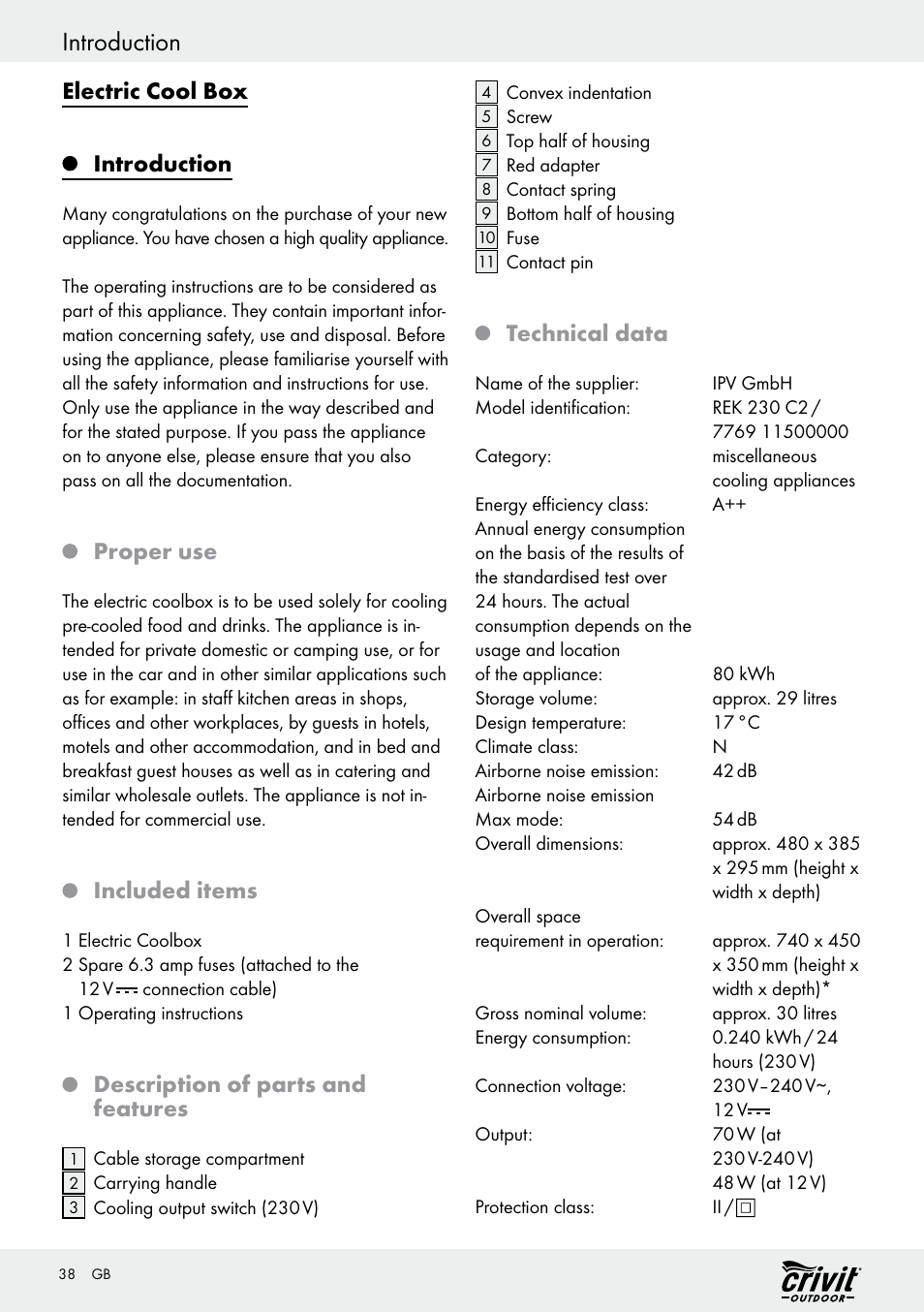 Introduction, Electric cool box introduction, Proper use | Included items, Description of parts and features, Technical data | Crivit REK 230 C2 User Manual | Page 37 / 44