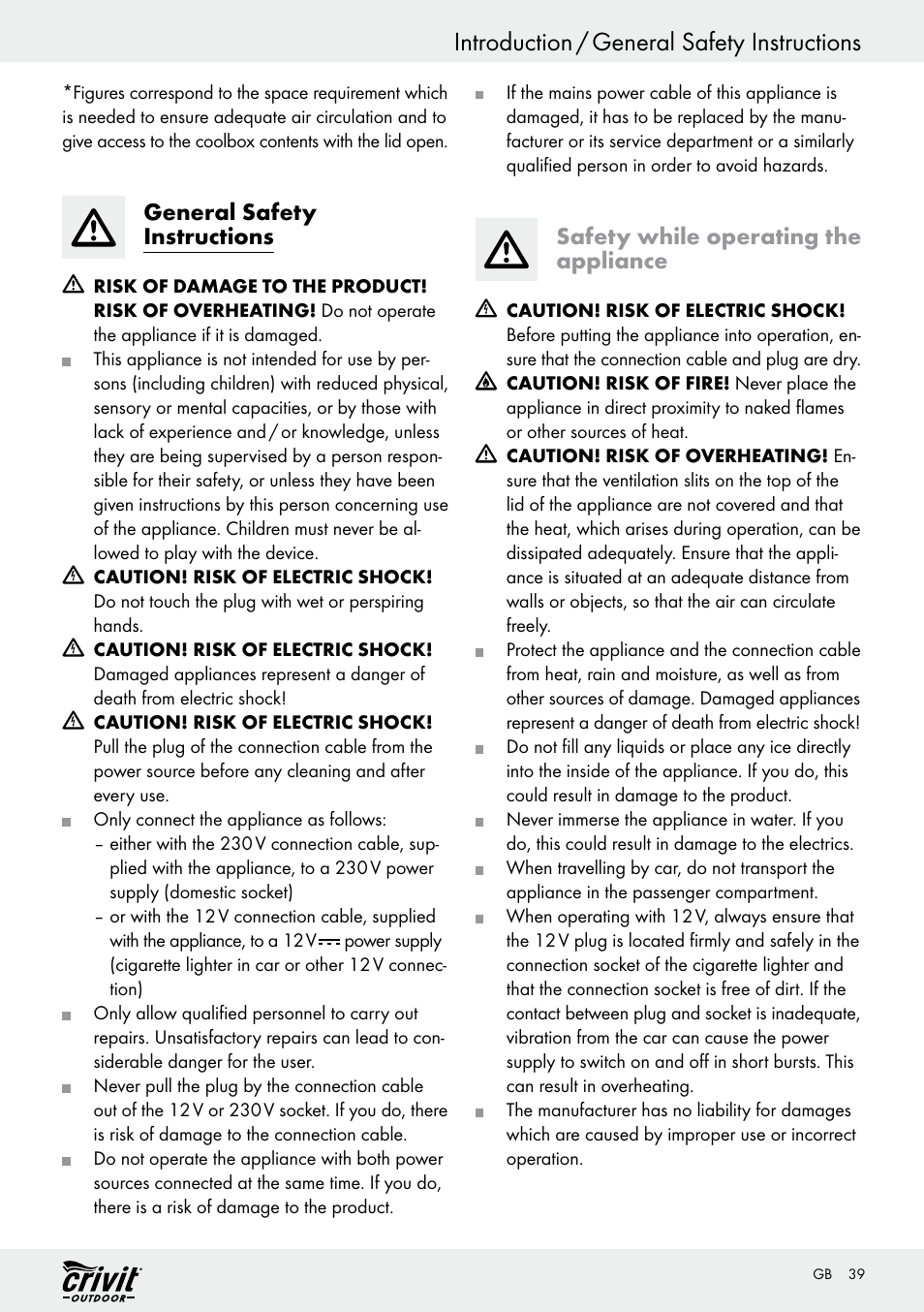 Introduction / general safety instructions, General safety instructions, Safety while operating the appliance | Crivit REK 230 C2 User Manual | Page 38 / 44