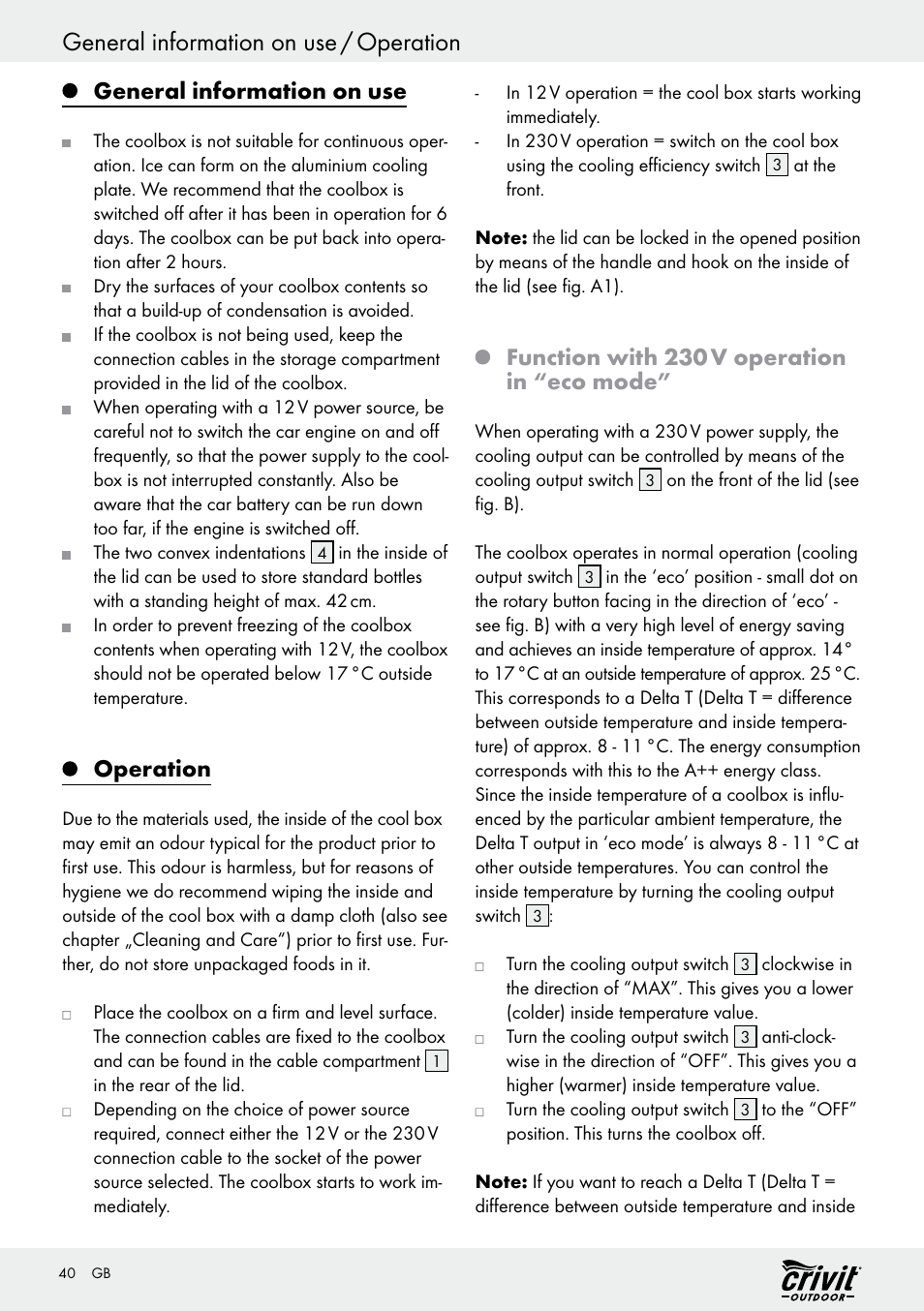 General information on use / operation, General information on use, Operation | Function with 230 v operation in “eco mode | Crivit REK 230 C2 User Manual | Page 39 / 44