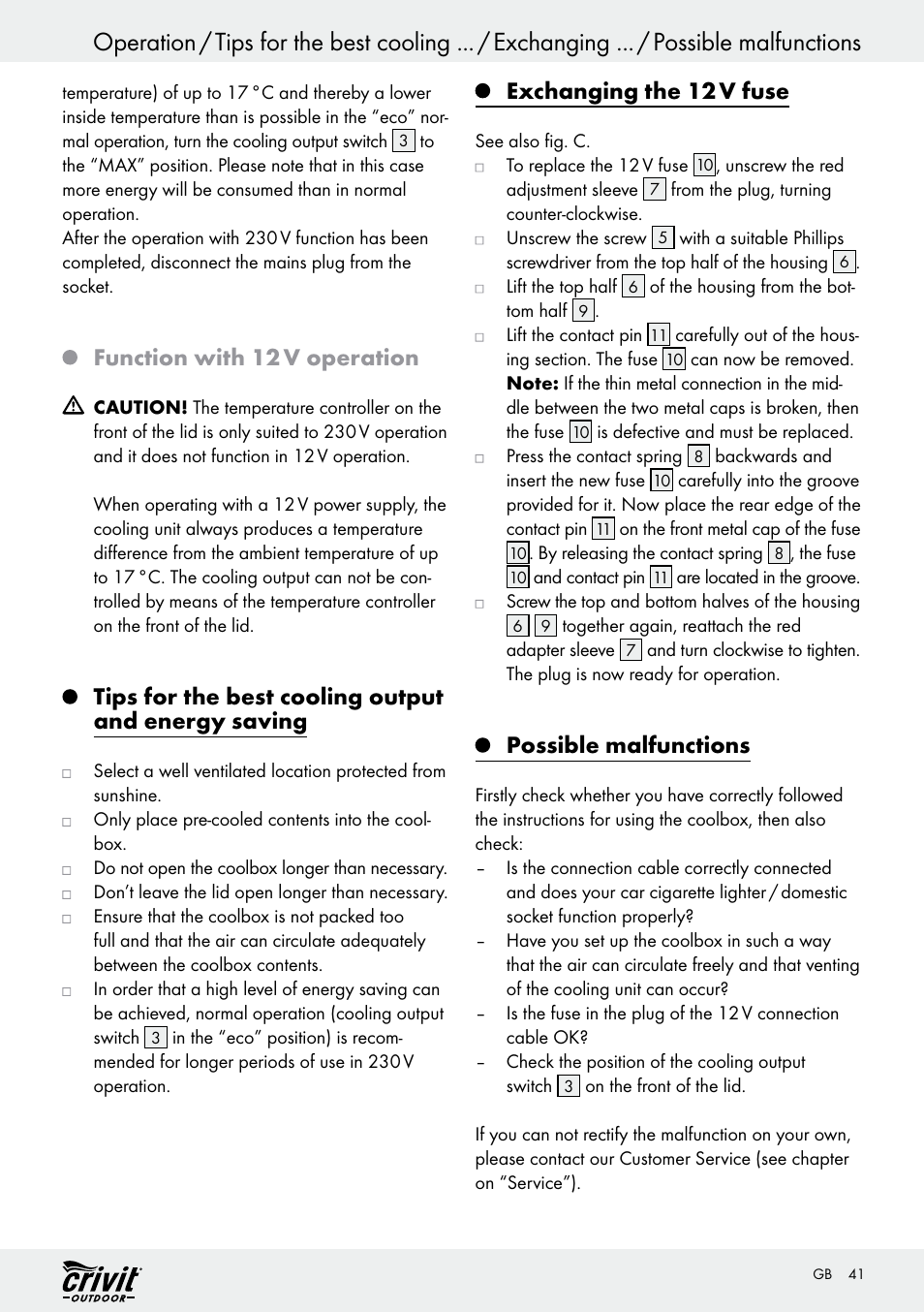 Function with 12 v operation, Tips for the best cooling output and energy saving, Exchanging the 12 v fuse | Possible malfunctions | Crivit REK 230 C2 User Manual | Page 40 / 44