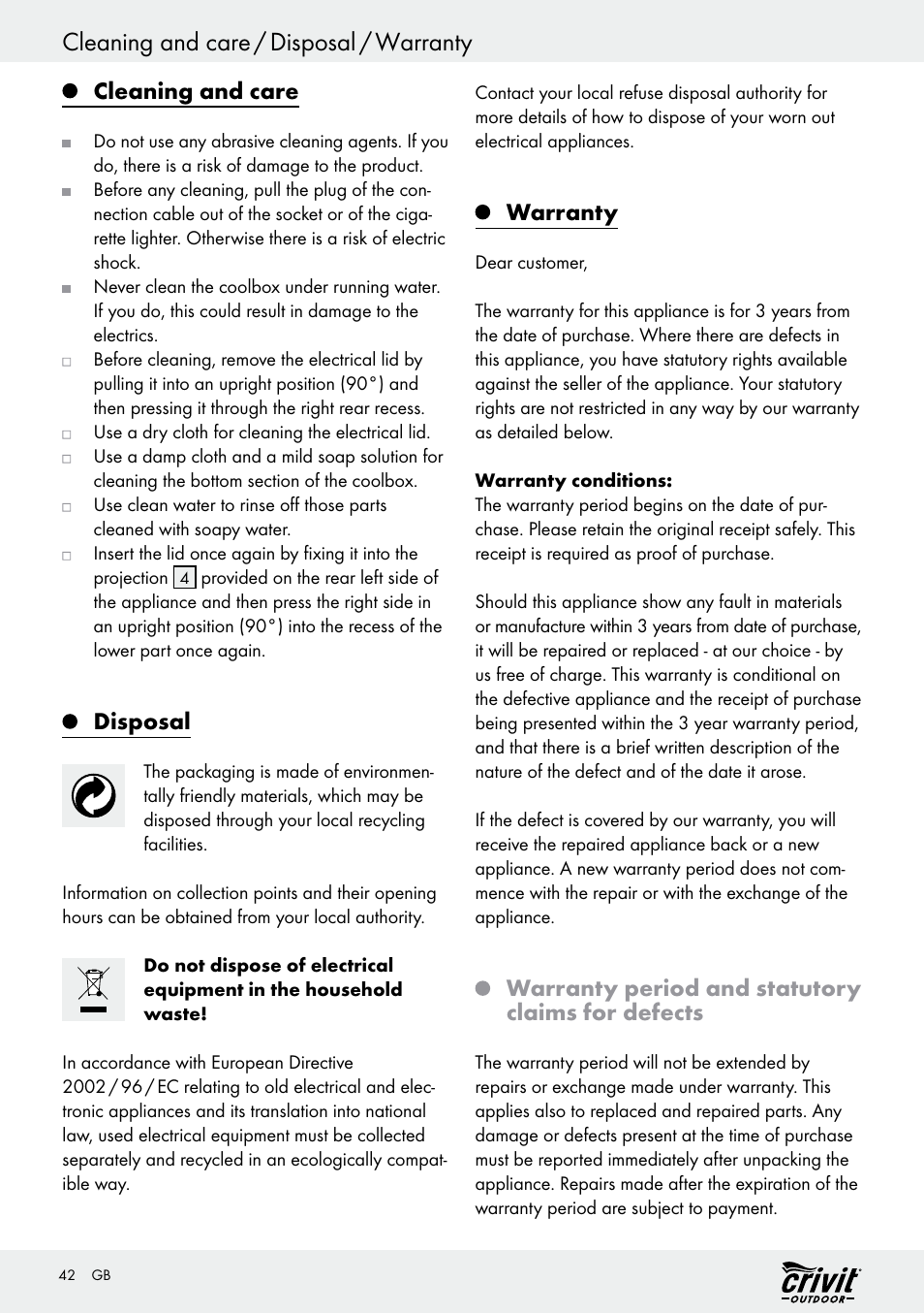 Cleaning and care / disposal / warranty, Cleaning and care, Disposal | Warranty, Warranty period and statutory claims for defects | Crivit REK 230 C2 User Manual | Page 41 / 44