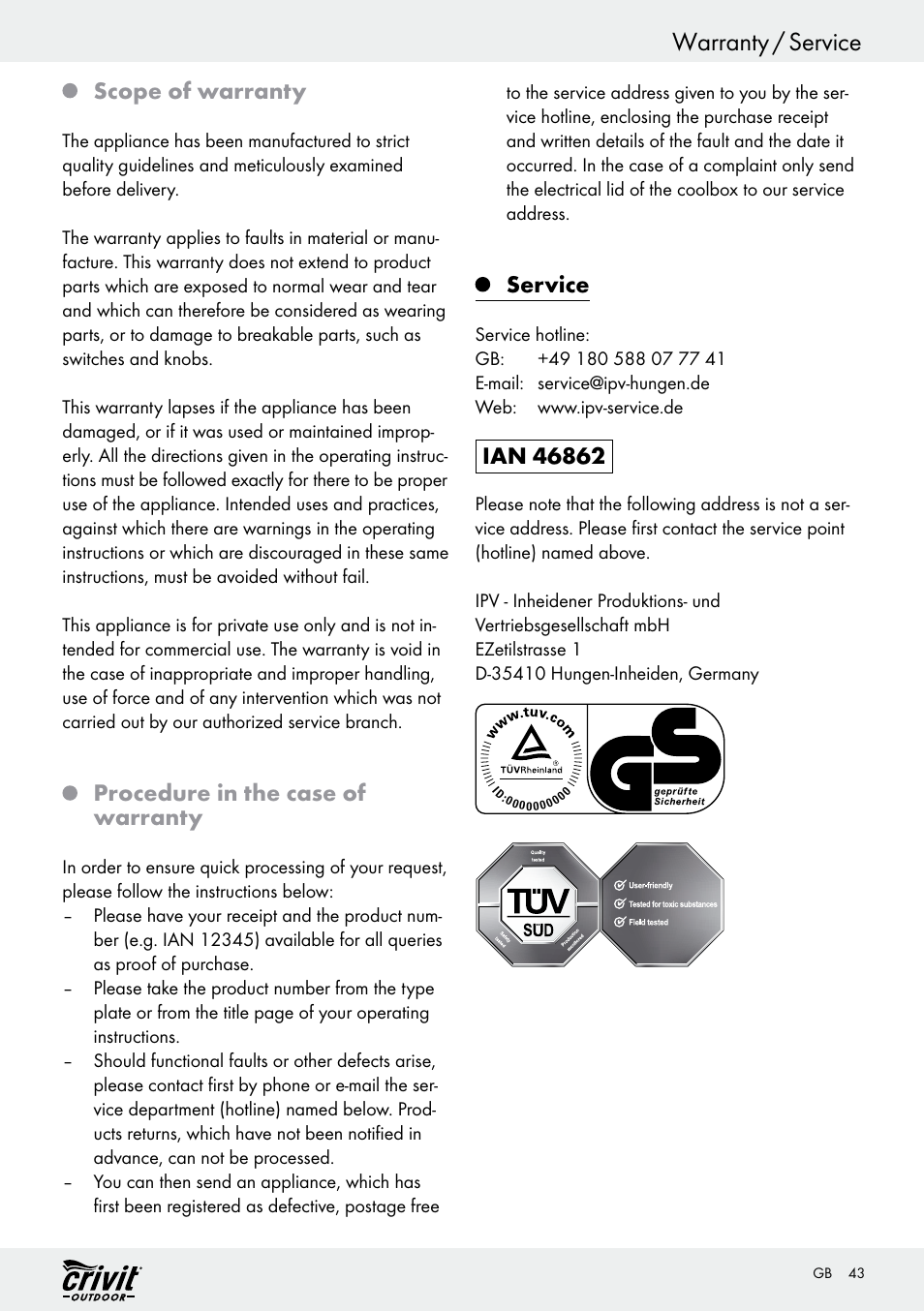 Warranty / service, Scope of warranty, Procedure in the case of warranty | Service | Crivit REK 230 C2 User Manual | Page 42 / 44