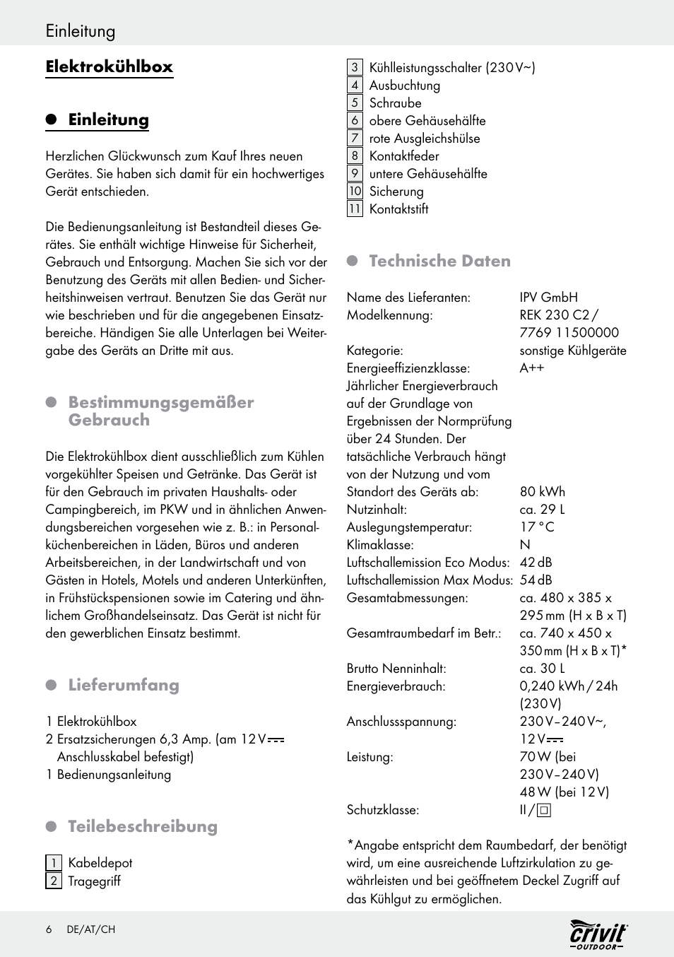 Einleitung, Elektrokühlbox, Bestimmungsgemäßer gebrauch | Lieferumfang, Teilebeschreibung, Technische daten | Crivit REK 230 C2 User Manual | Page 5 / 44