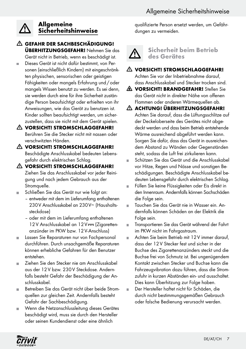 Allgemeine sicherheitshinweise, Sicherheit beim betrieb des gerätes | Crivit REK 230 C2 User Manual | Page 6 / 44