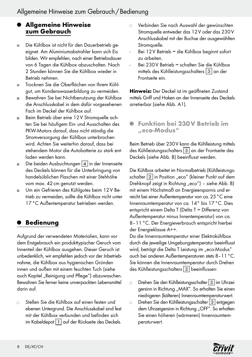 Allgemeine hinweise zum gebrauch / bedienung, Allgemeine hinweise zum gebrauch, Bedienung | Funktion bei 230, V betrieb im „eco-modus | Crivit REK 230 C2 User Manual | Page 7 / 44