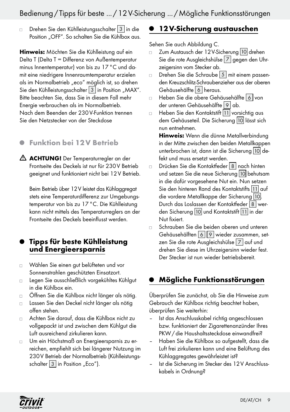 Funktion bei 12 v betrieb, Tipps für beste kühlleistung und energieersparnis, 12 v-sicherung austauschen | Mögliche funktionsstörungen | Crivit REK 230 C2 User Manual | Page 8 / 44