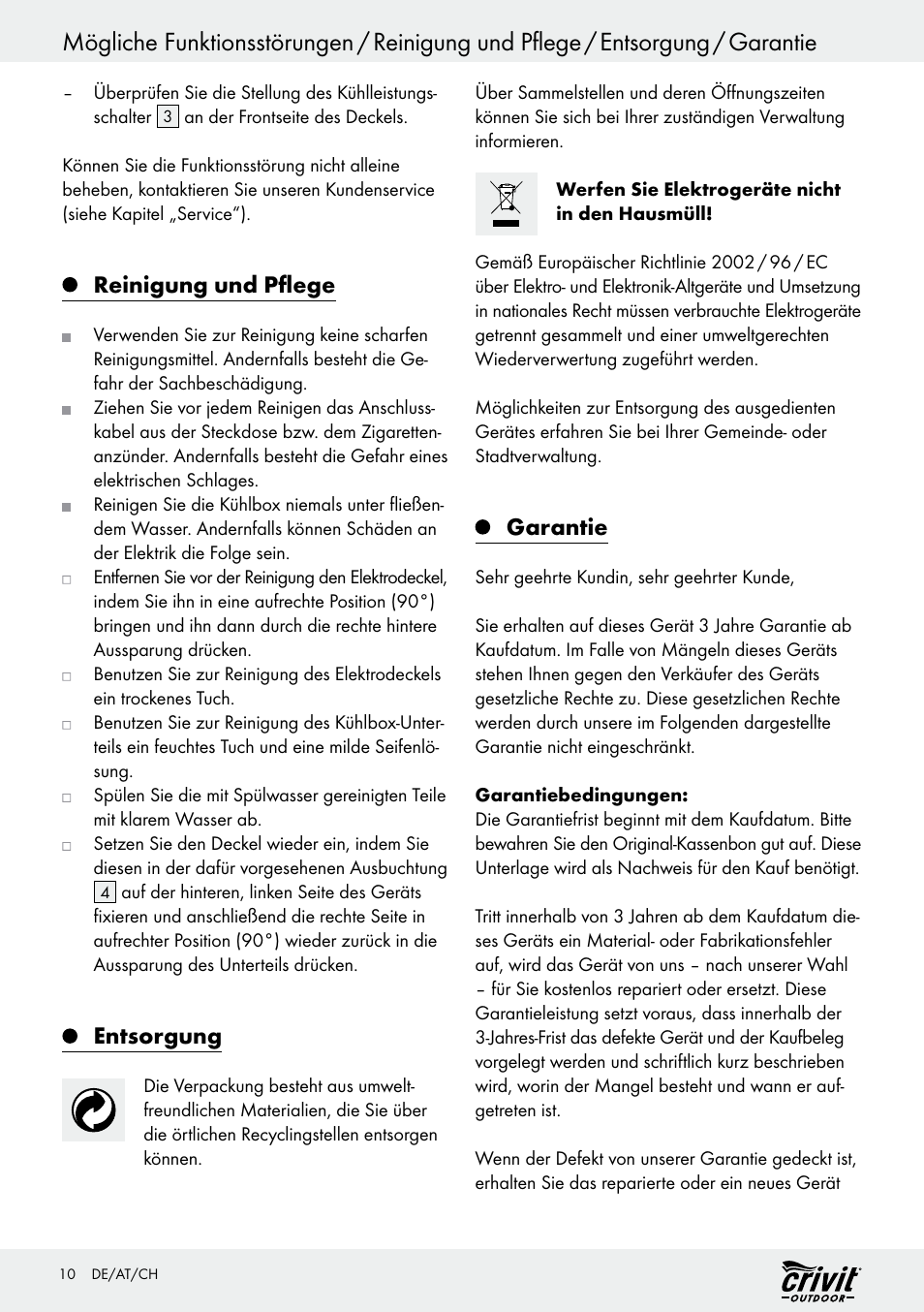 Reinigung und pflege, Entsorgung, Garantie | Crivit REK 230 C2 User Manual | Page 9 / 44