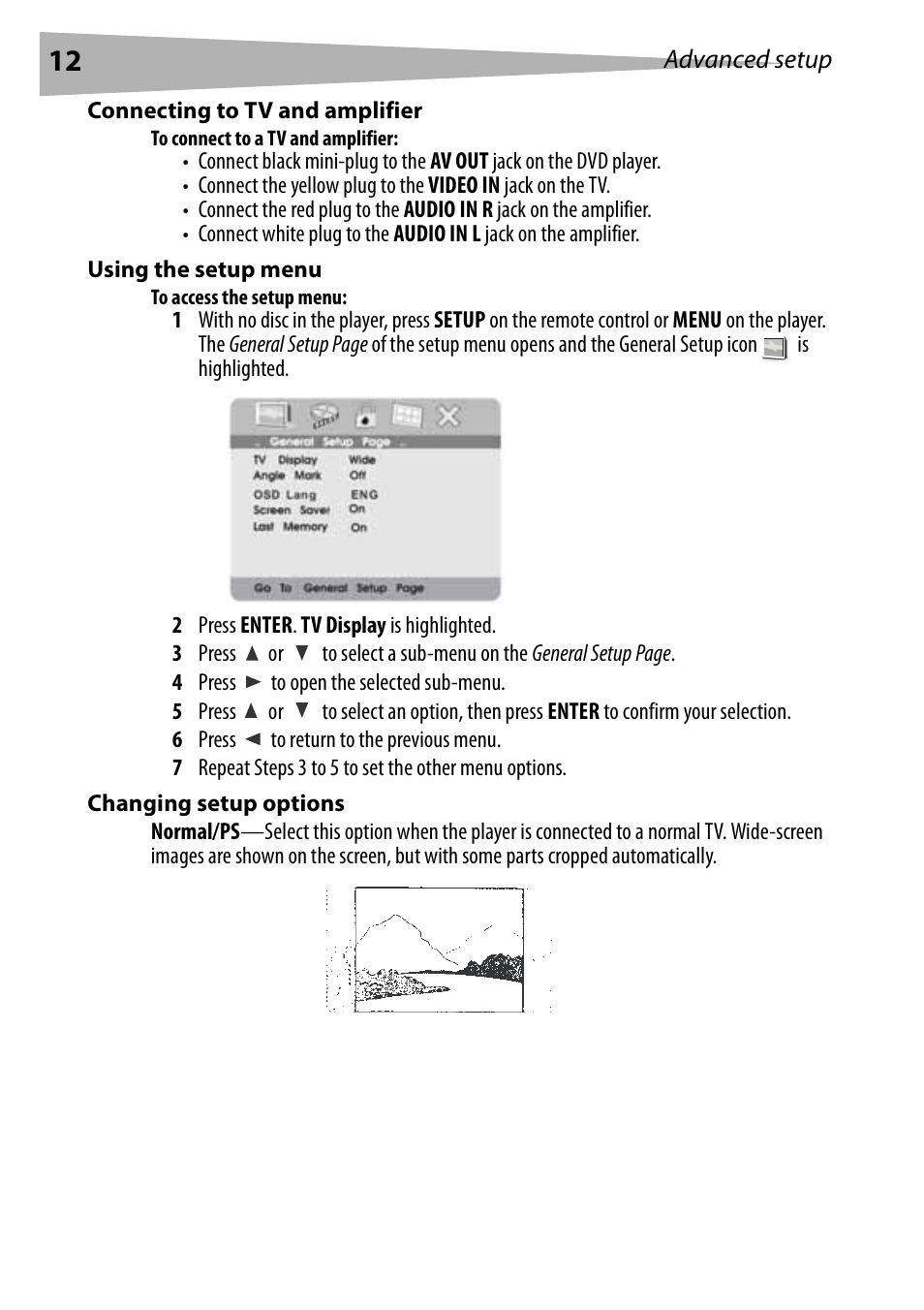 Connecting to tv and amplifier, To connect to a tv and amplifier, Using the setup menu | To access the setup menu, Changing setup options | Dynex DX-PDVD9 User Manual | Page 12 / 84