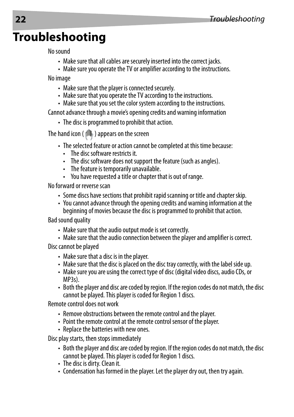 Troubleshooting | Dynex DX-PDVD9 User Manual | Page 22 / 84