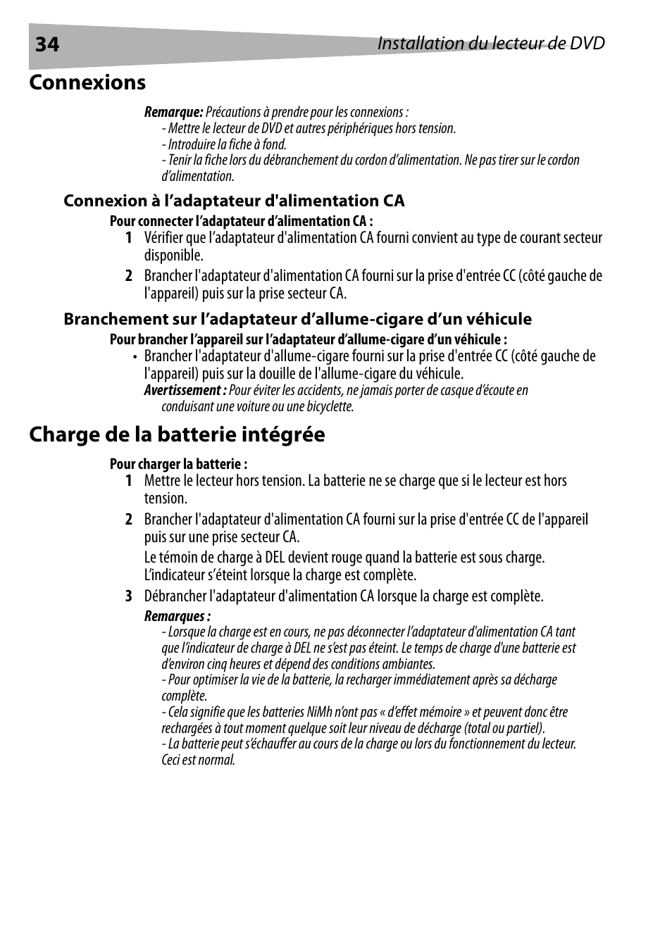 Connexions, Connexion à l’adaptateur d'alimentation ca, Pour connecter l’adaptateur d’alimentation ca | Charge de la batterie intégrée, Pour charger la batterie | Dynex DX-PDVD9 User Manual | Page 34 / 84