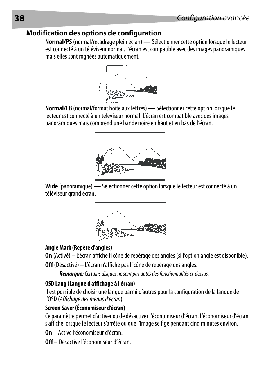 Modification des options de configuration, Angle mark (repère d'angles), Osd lang (langue d'affichage à l'écran) | Screen saver (économiseur d’écran), Configuration avancée | Dynex DX-PDVD9 User Manual | Page 38 / 84