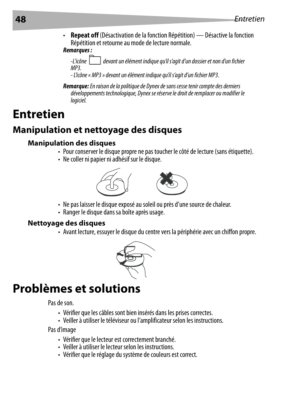 Entretien, Manipulation et nettoyage des disques, Manipulation des disques | Nettoyage des disques, Problèmes et solutions, Entretien problèmes et solutions | Dynex DX-PDVD9 User Manual | Page 48 / 84