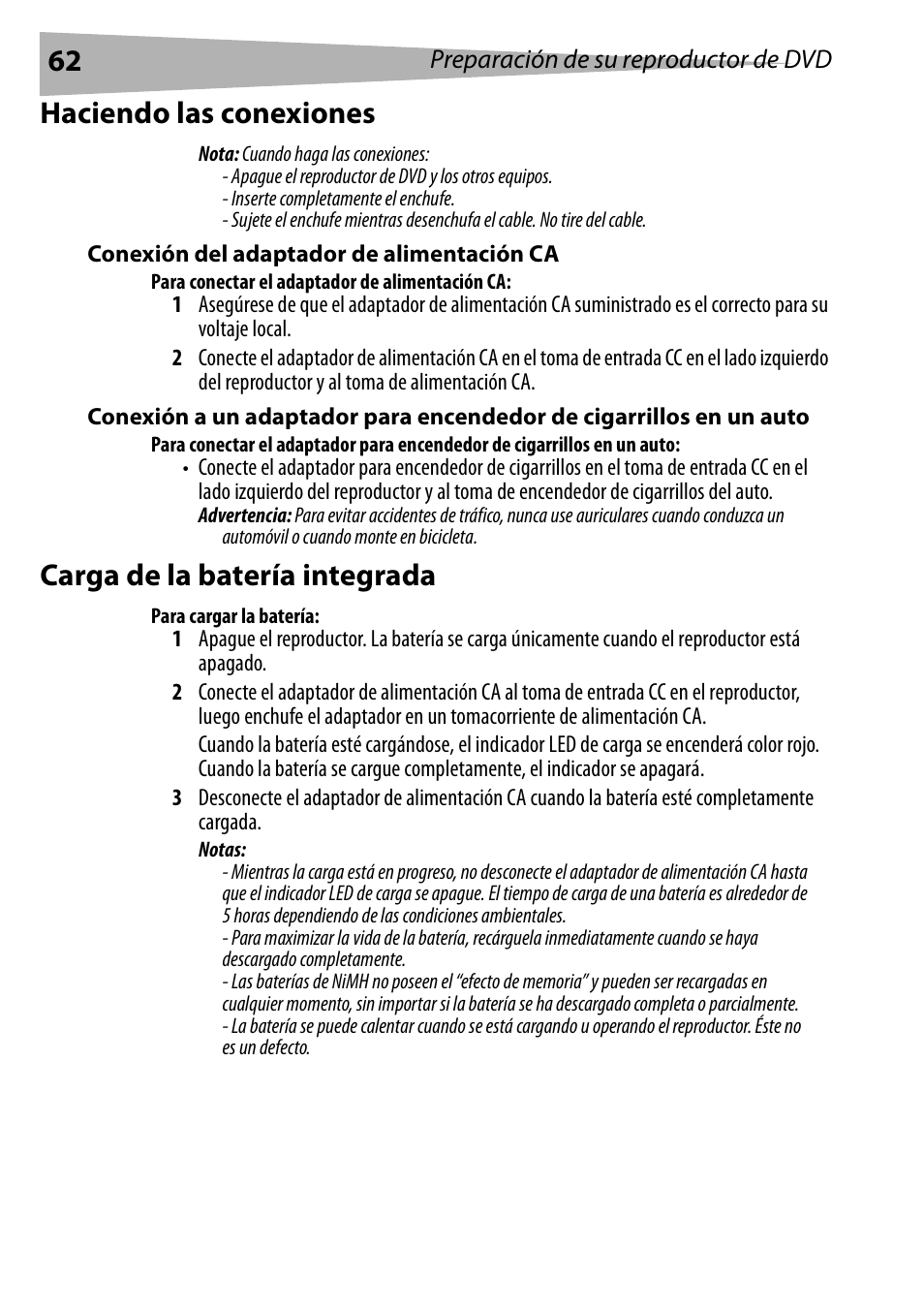 Haciendo las conexiones, Conexión del adaptador de alimentación ca, Para conectar el adaptador de alimentación ca | Carga de la batería integrada, Para cargar la batería | Dynex DX-PDVD9 User Manual | Page 62 / 84