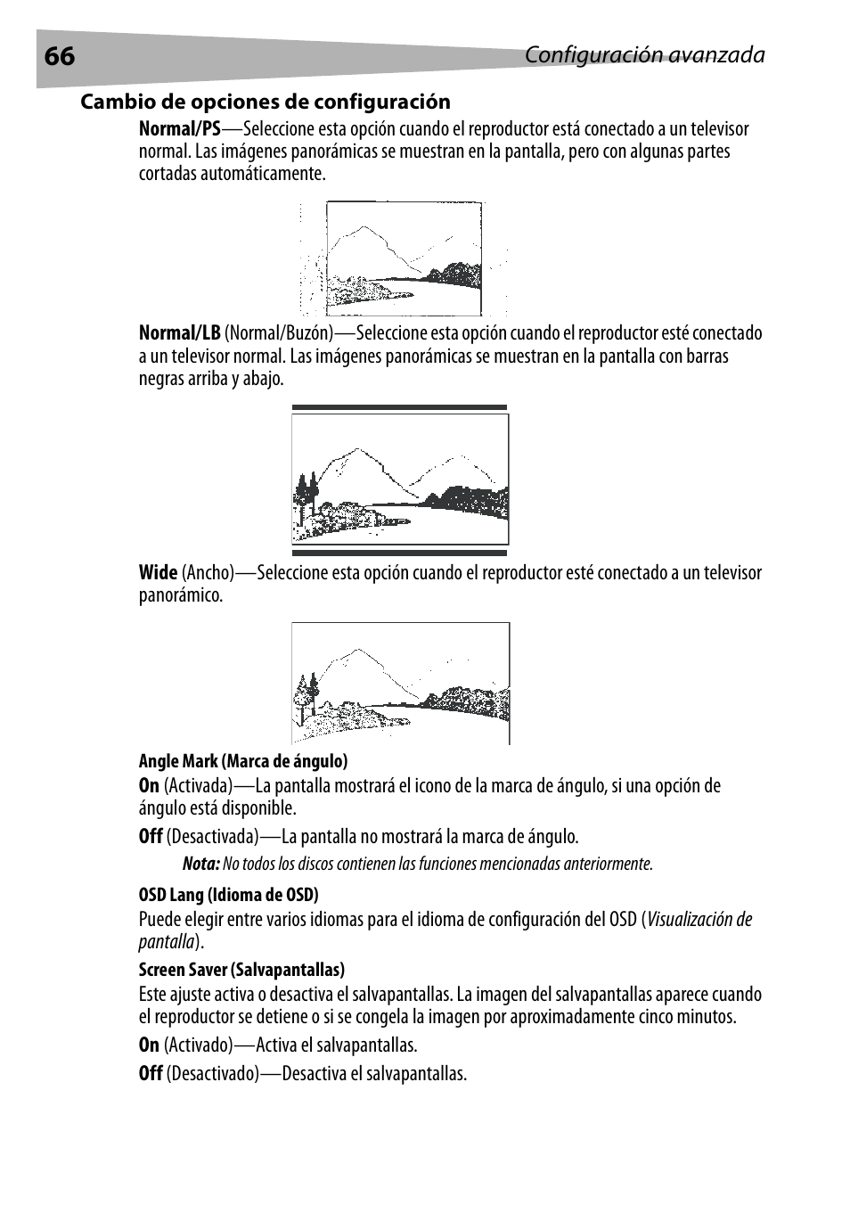 Cambio de opciones de configuración, Angle mark (marca de ángulo), Osd lang (idioma de osd) | Screen saver (salvapantallas), Configuración avanzada | Dynex DX-PDVD9 User Manual | Page 66 / 84