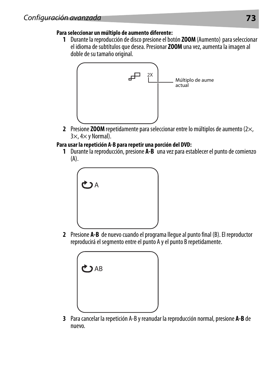 Para seleccionar un múltiplo de aumento diferente | Dynex DX-PDVD9 User Manual | Page 73 / 84