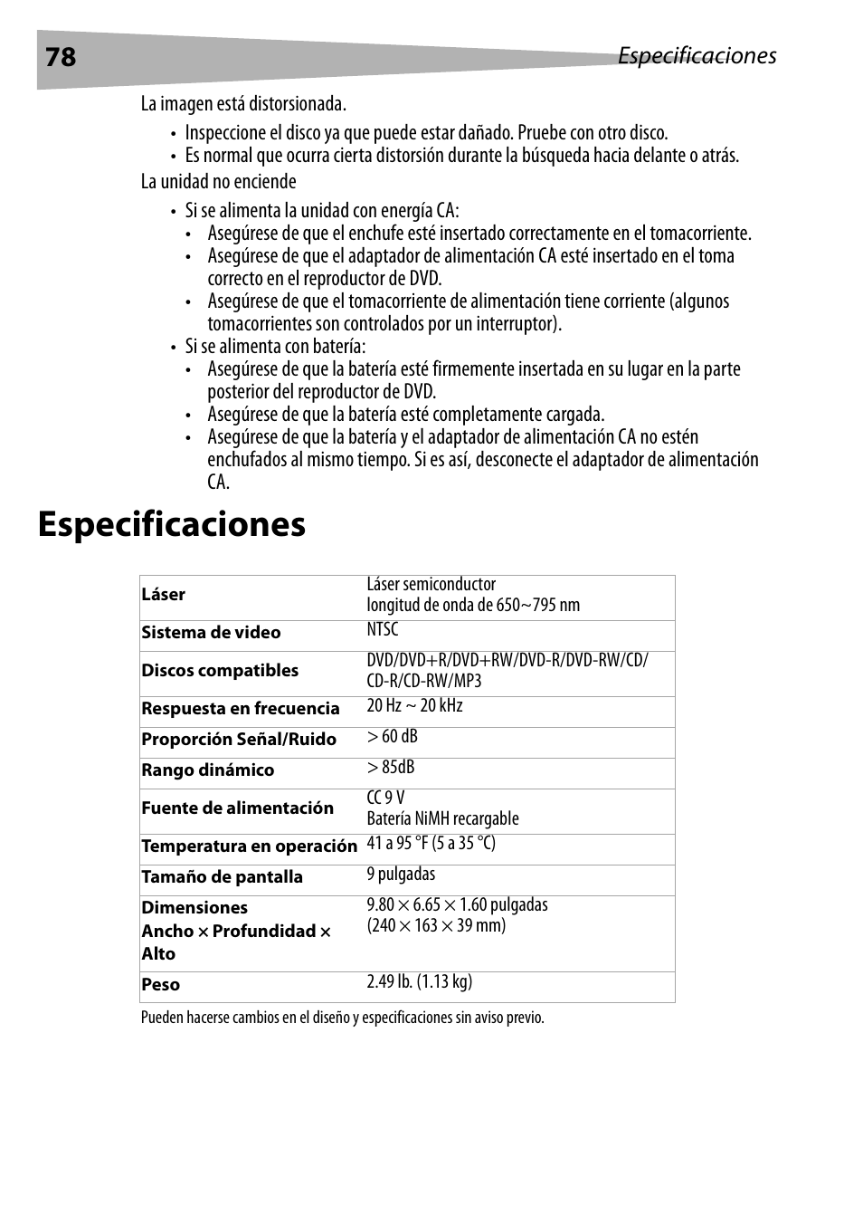 Especificaciones | Dynex DX-PDVD9 User Manual | Page 78 / 84