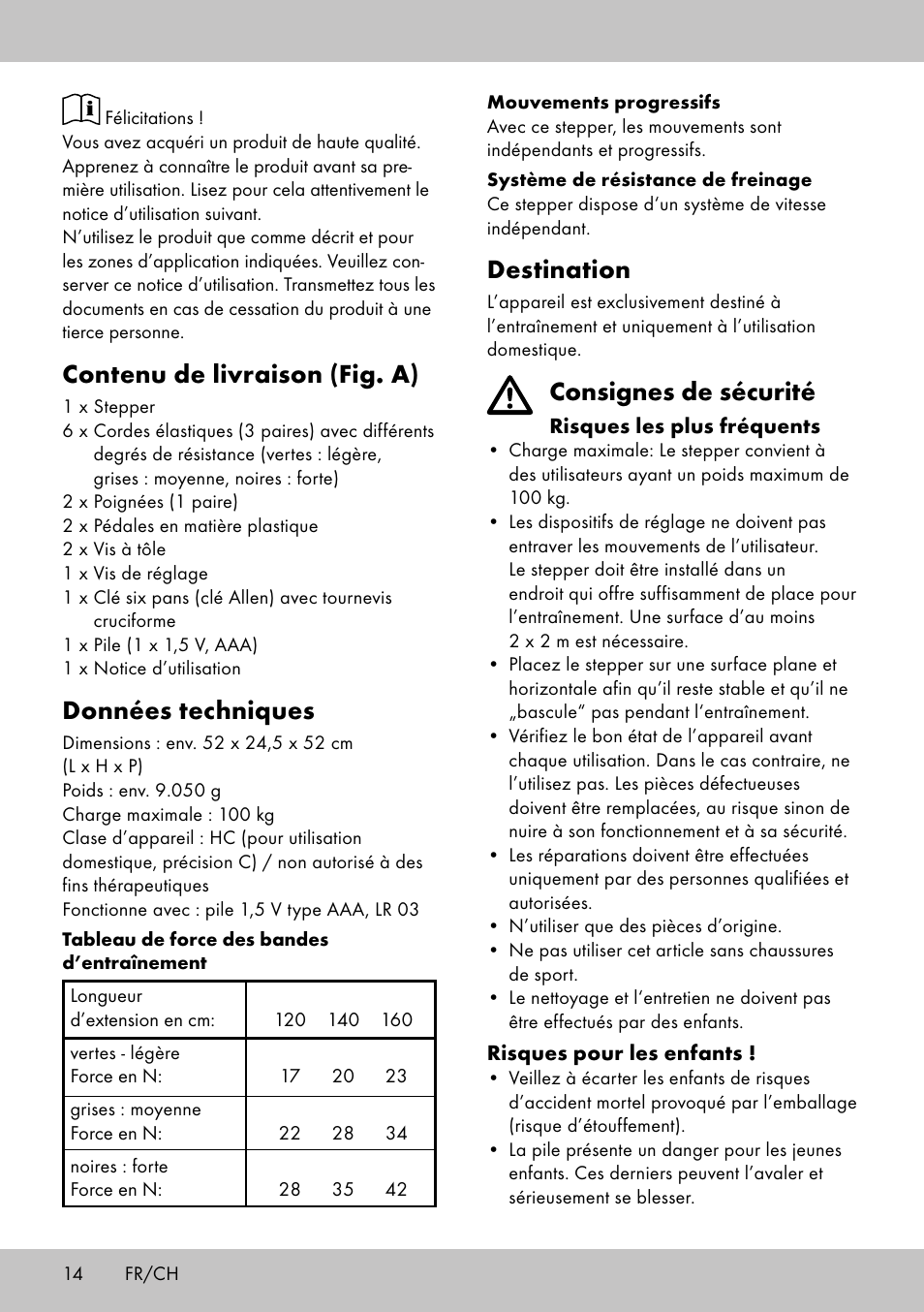 Destination, Consignes de sécurité, Contenu de livraison (fig. a) | Données techniques | Crivit SW-1652 User Manual | Page 12 / 42