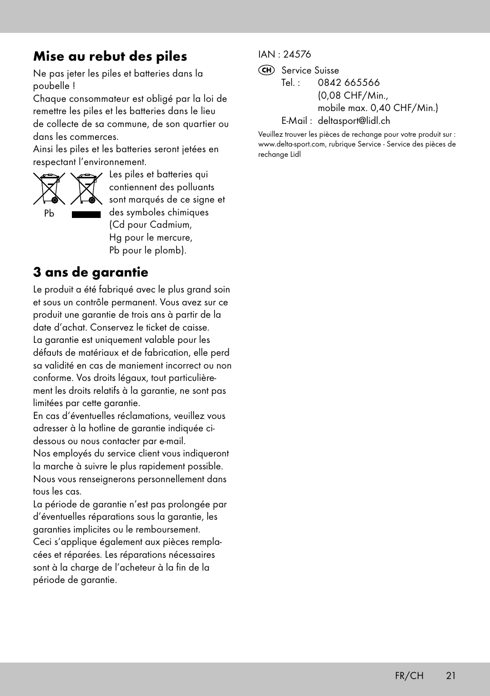 Mise au rebut des piles, 3 ans de garantie | Crivit SW-1652 User Manual | Page 19 / 42