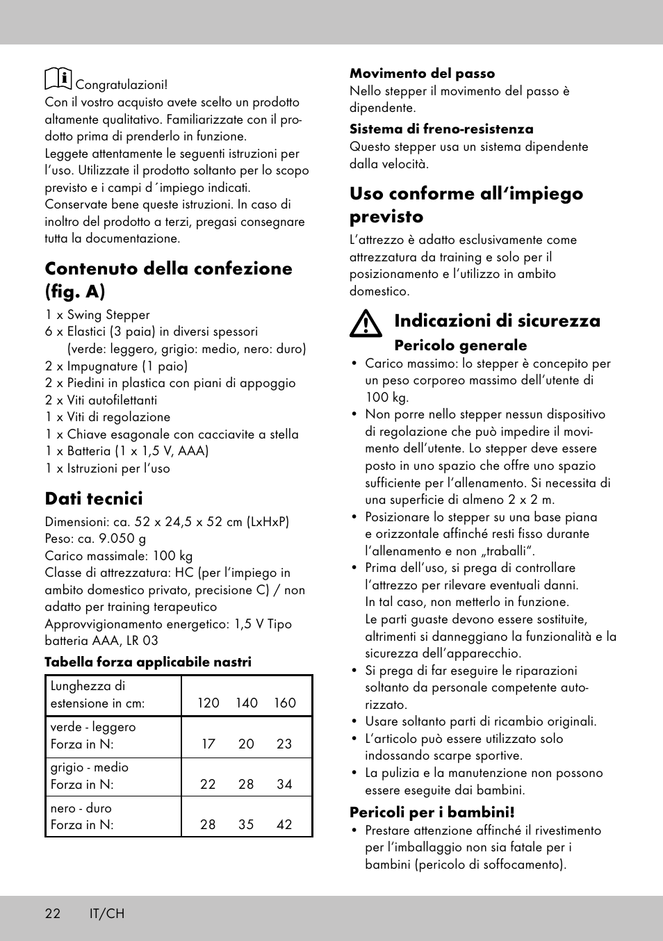 Uso conforme all‘impiego previsto, Indicazioni di sicurezza, Contenuto della confezione (fig. a) | Dati tecnici | Crivit SW-1652 User Manual | Page 20 / 42