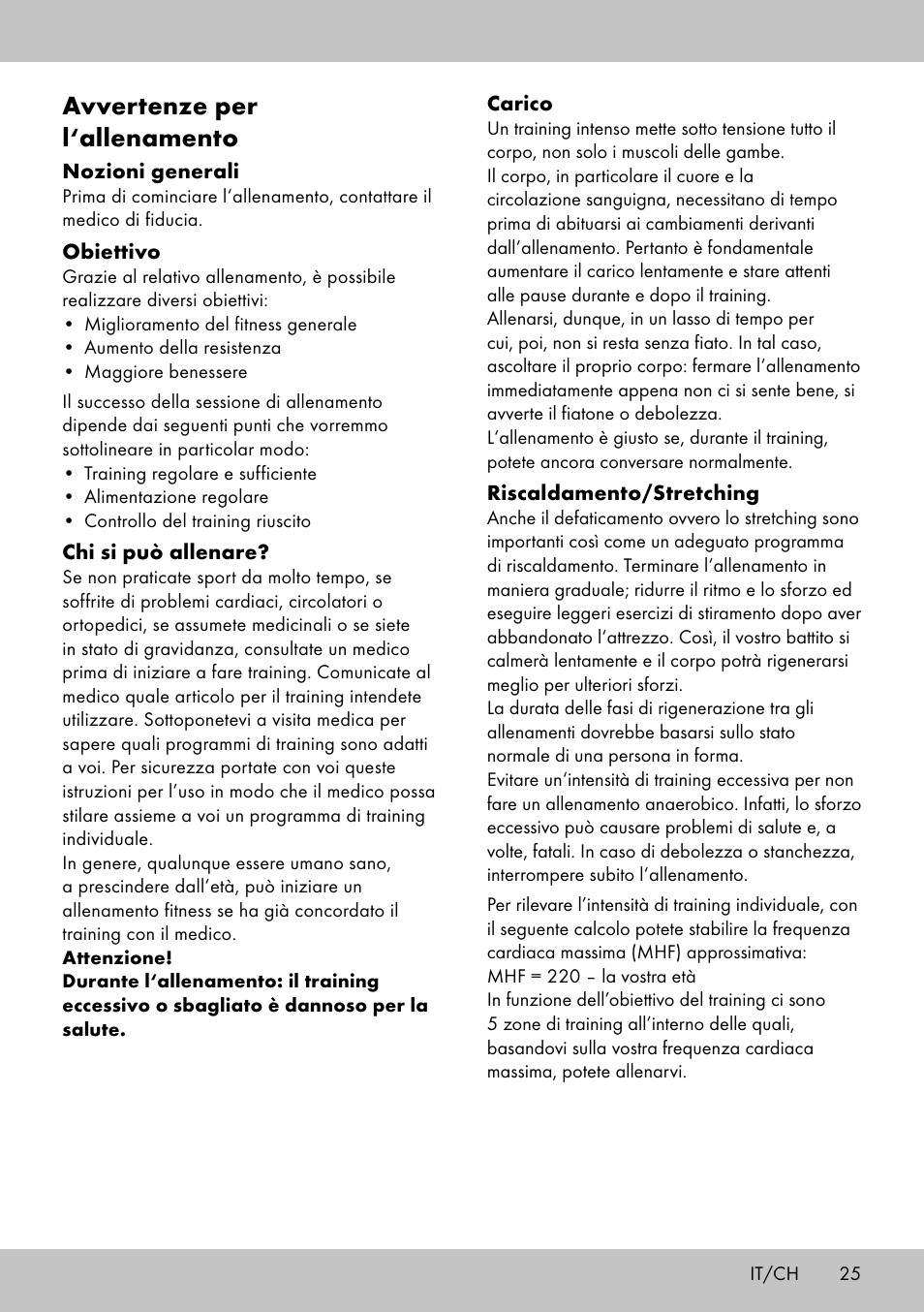 Avvertenze per l‘allenamento | Crivit SW-1652 User Manual | Page 23 / 42