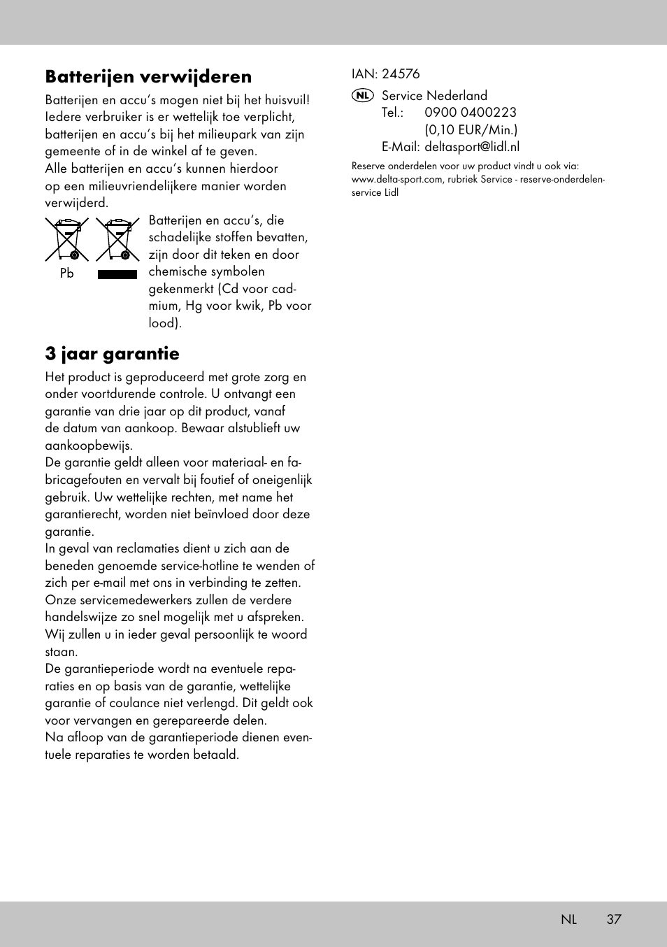 Batterijen verwijderen, 3 jaar garantie | Crivit SW-1652 User Manual | Page 35 / 42