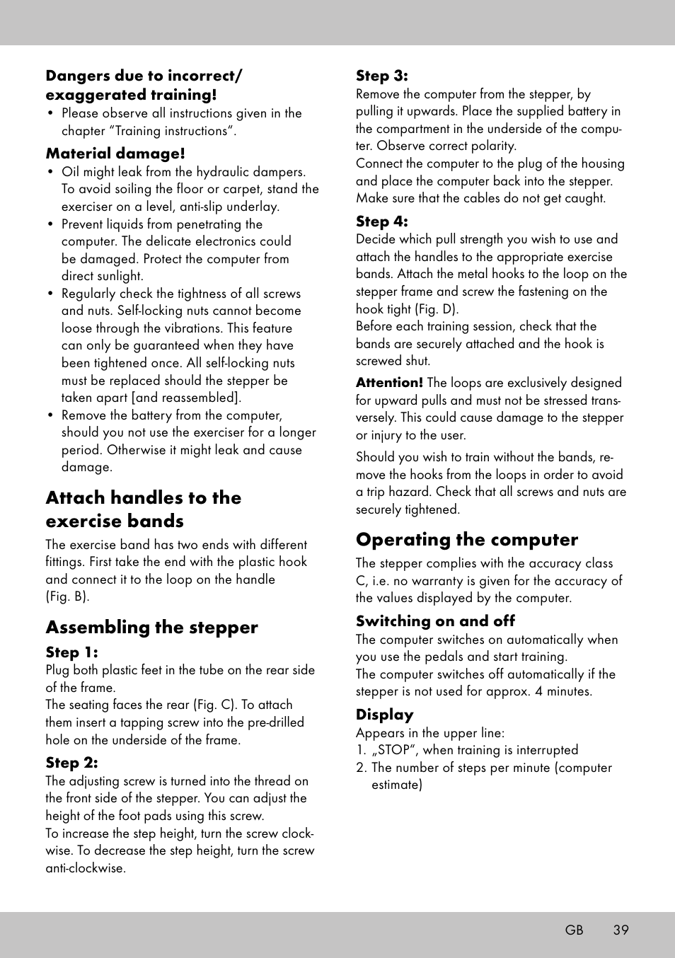 Operating the computer, Attach handles to the exercise bands, Assembling the stepper | Crivit SW-1652 User Manual | Page 37 / 42