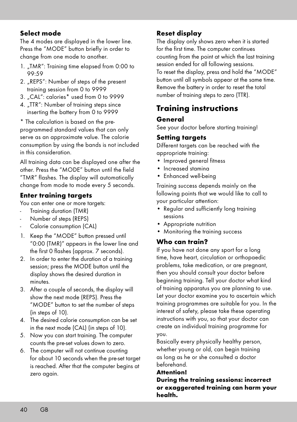 Training instructions | Crivit SW-1652 User Manual | Page 38 / 42