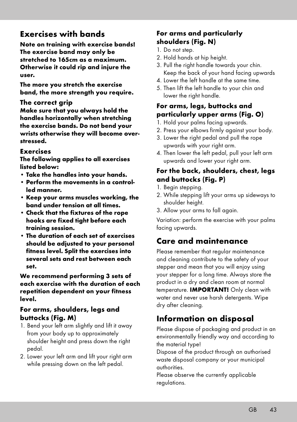 Care and maintenance, Information on disposal, Exercises with bands | Crivit SW-1652 User Manual | Page 41 / 42