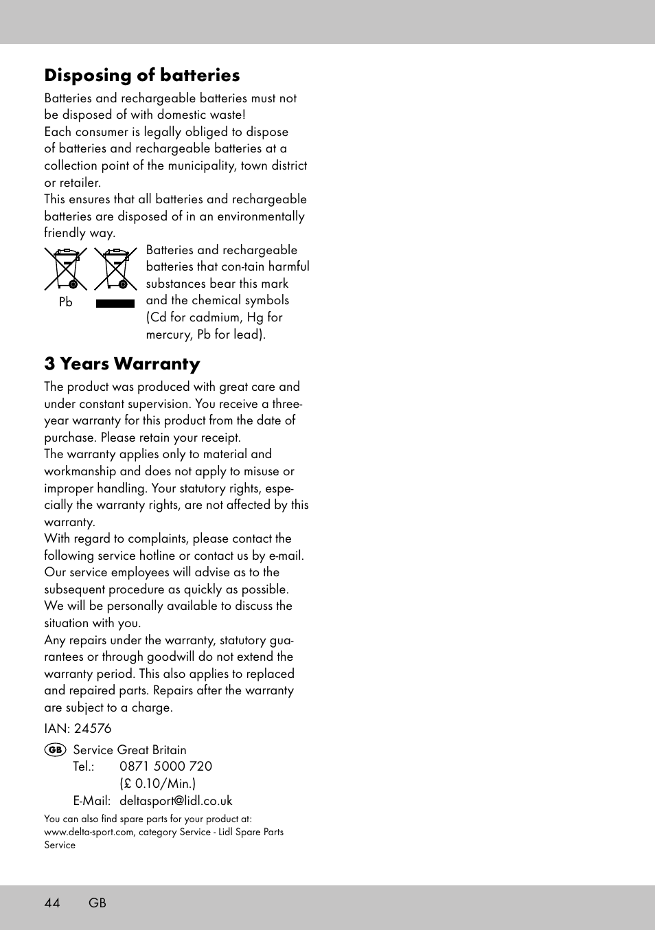 Disposing of batteries, 3 years warranty | Crivit SW-1652 User Manual | Page 42 / 42