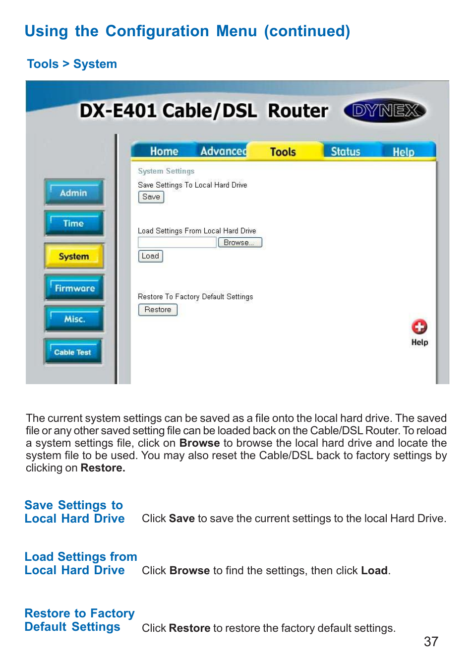 Using the configuration menu (continued) | Dynex DX-E401 User Manual | Page 37 / 72