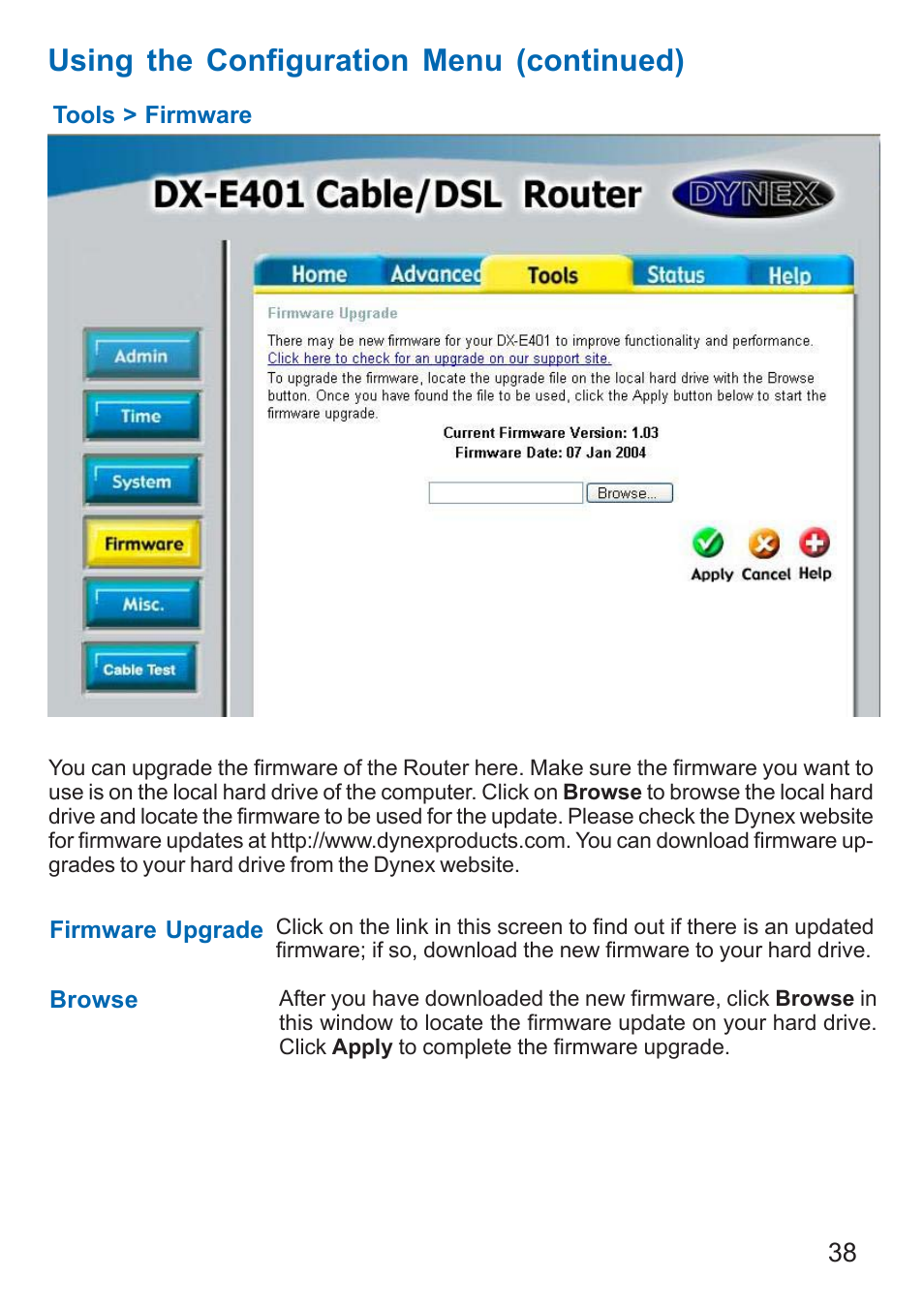 Using the configuration menu (continued) | Dynex DX-E401 User Manual | Page 38 / 72