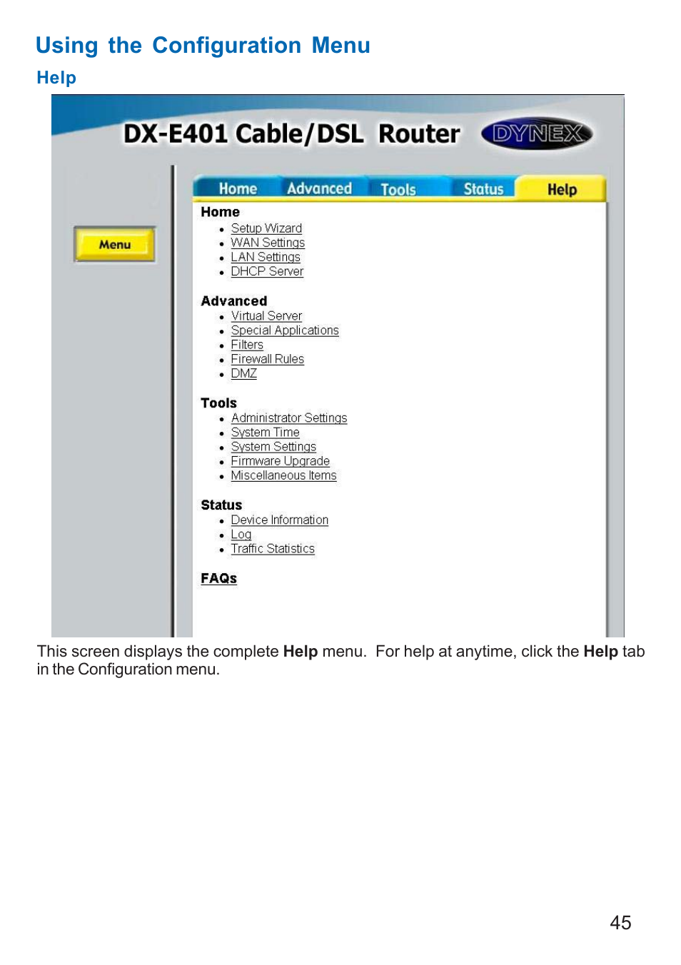 Using the configuration menu | Dynex DX-E401 User Manual | Page 45 / 72