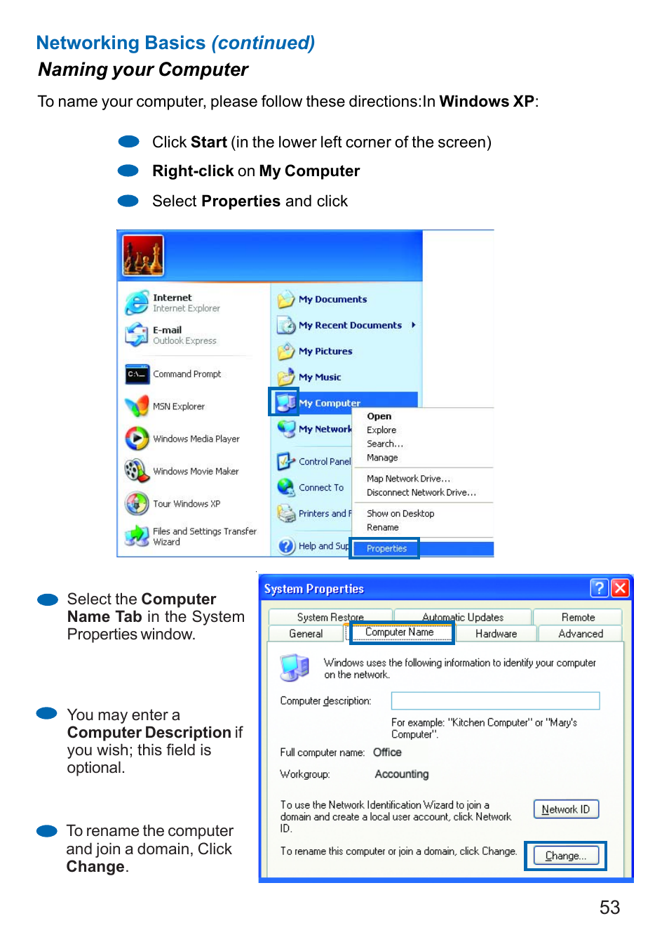 53 naming your computer, Networking basics (continued) | Dynex DX-E401 User Manual | Page 53 / 72