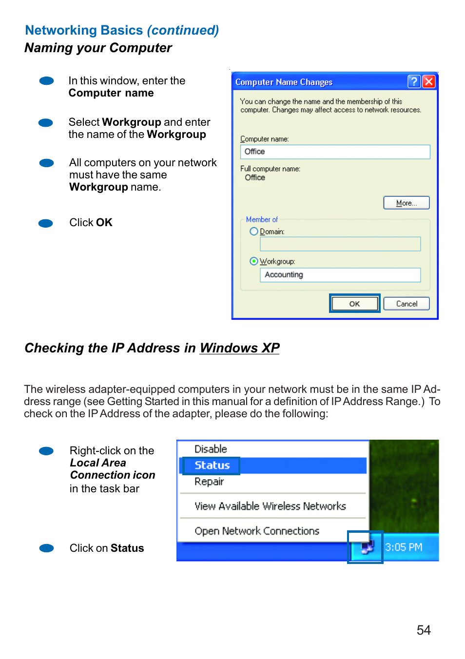 54 naming your computer, Checking the ip address in windows xp, Networking basics (continued) | Dynex DX-E401 User Manual | Page 54 / 72