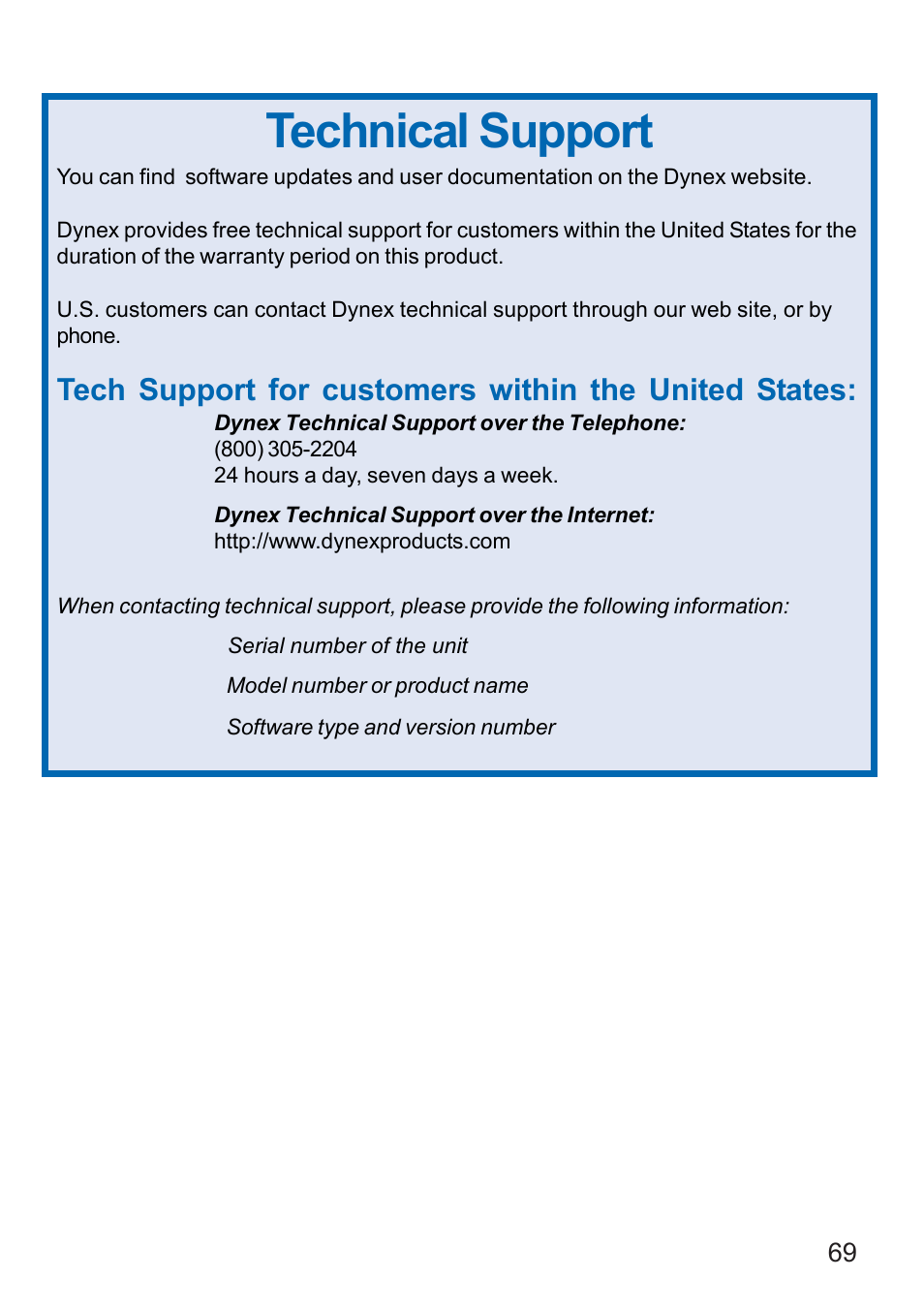 Technical support | Dynex DX-E401 User Manual | Page 69 / 72