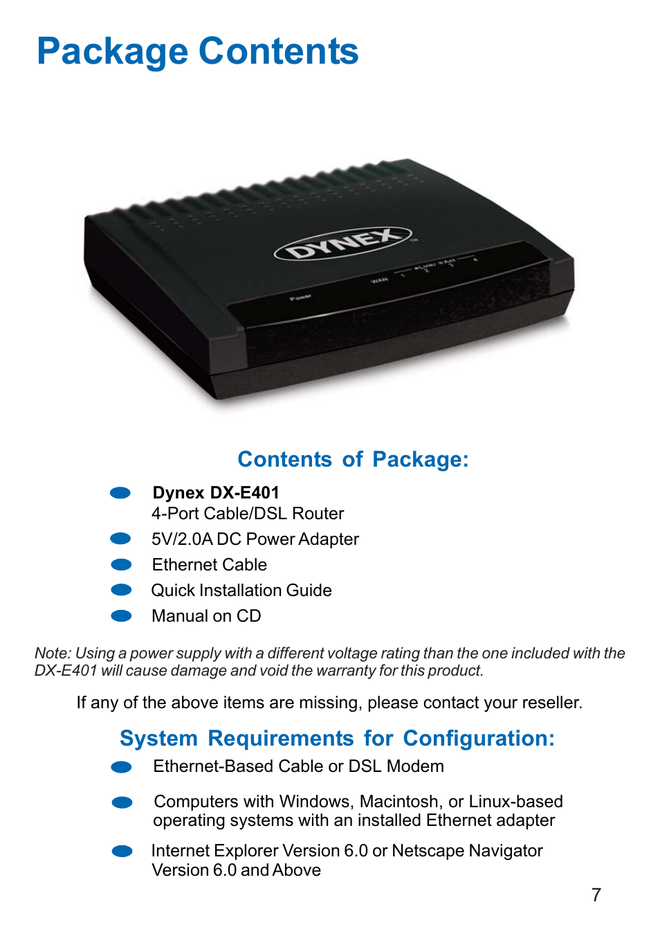 Package contents, Contents of package, System requirements for configuration | Dynex DX-E401 User Manual | Page 7 / 72