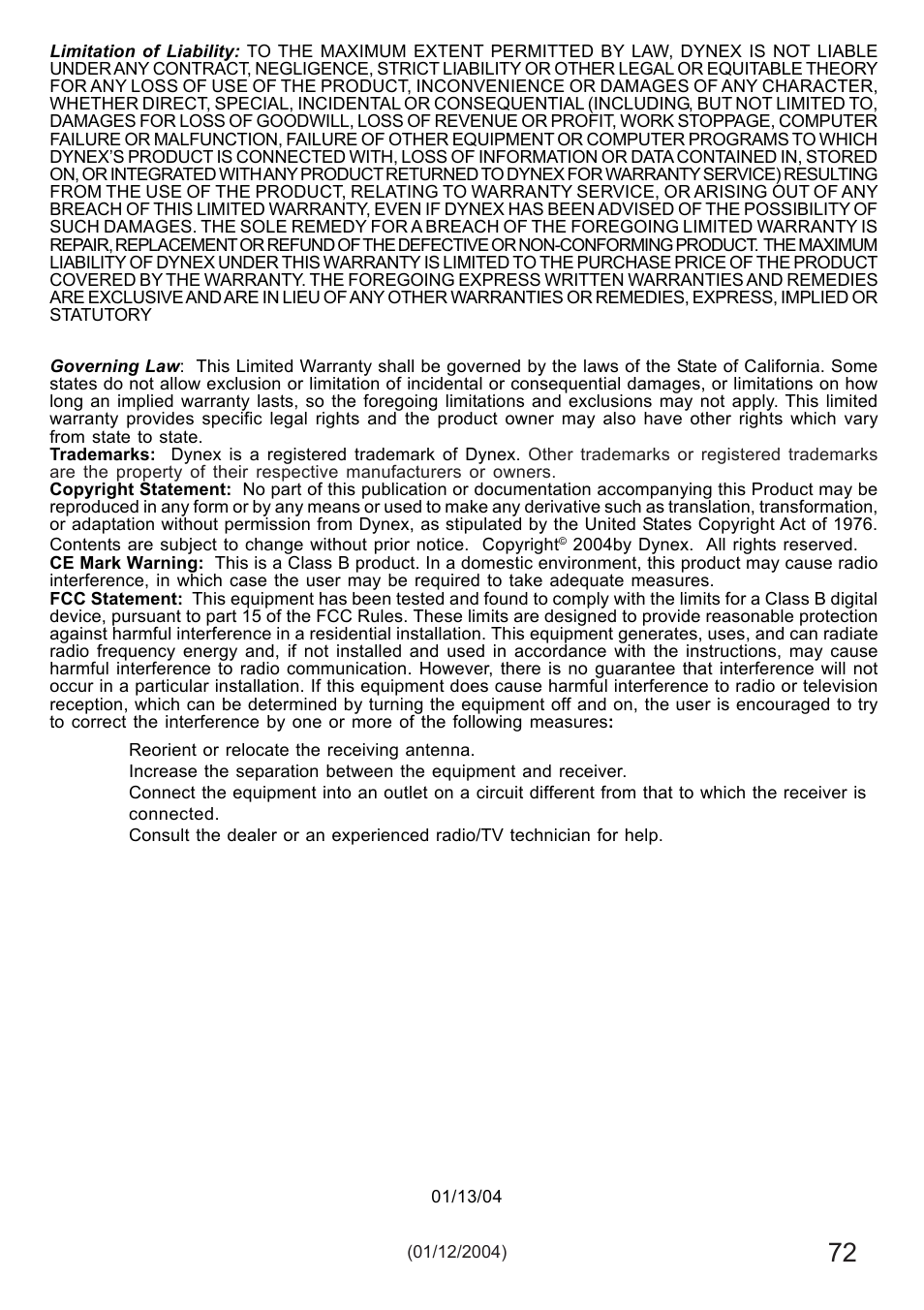Dynex DX-E401 User Manual | Page 72 / 72