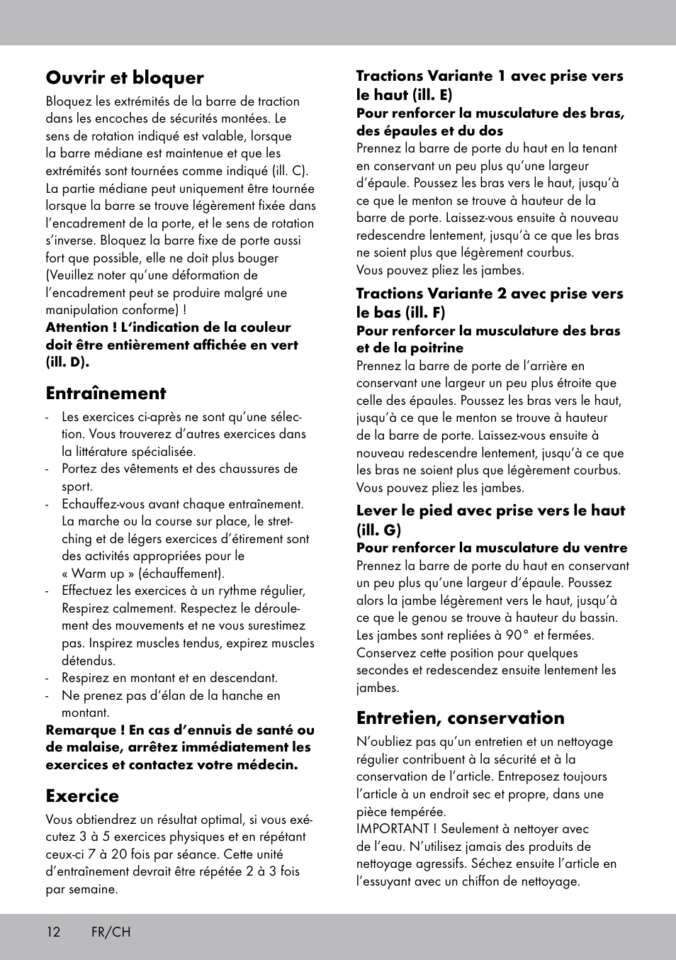 Entretien, conservation, Ouvrir et bloquer, Entraînement | Exercice | Crivit TR-1433 User Manual | Page 10 / 26