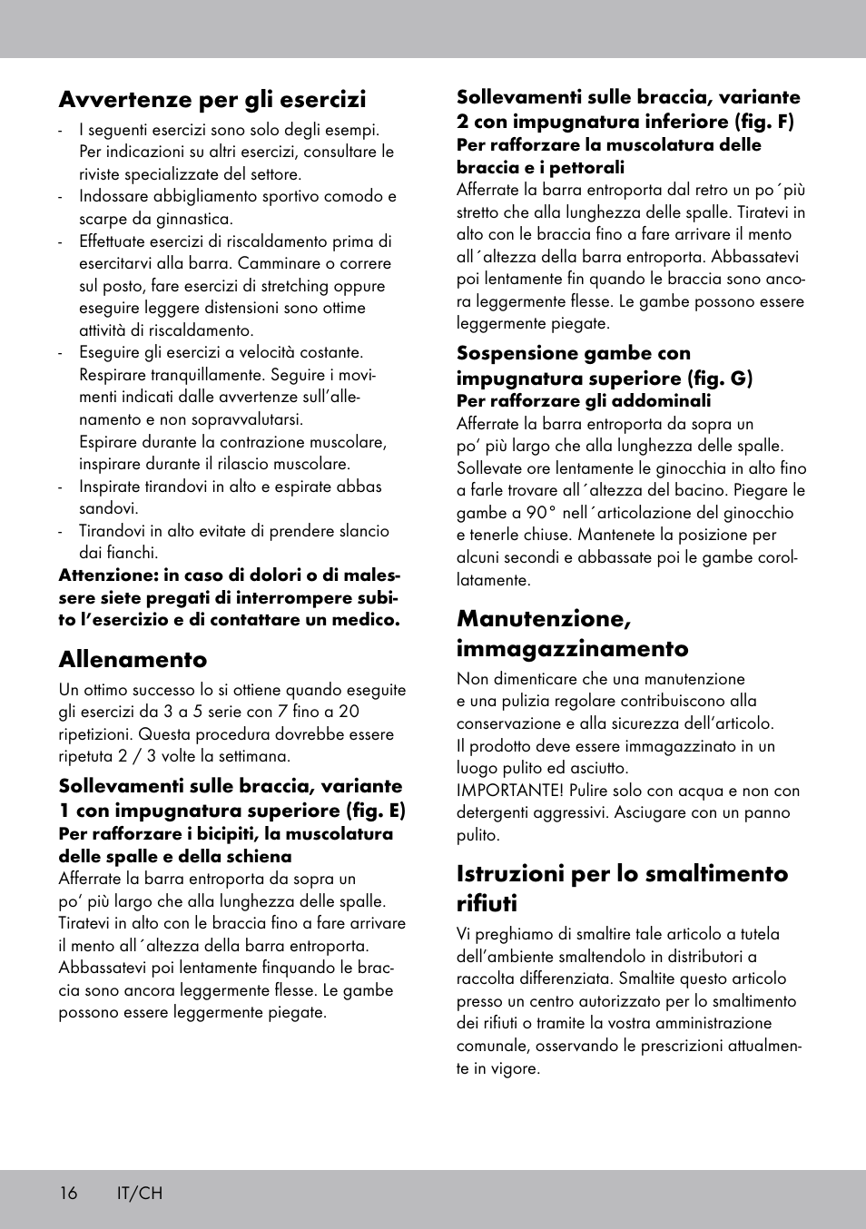 Manutenzione, immagazzinamento, Istruzioni per lo smaltimento rifiuti, Avvertenze per gli esercizi | Allenamento | Crivit TR-1433 User Manual | Page 14 / 26