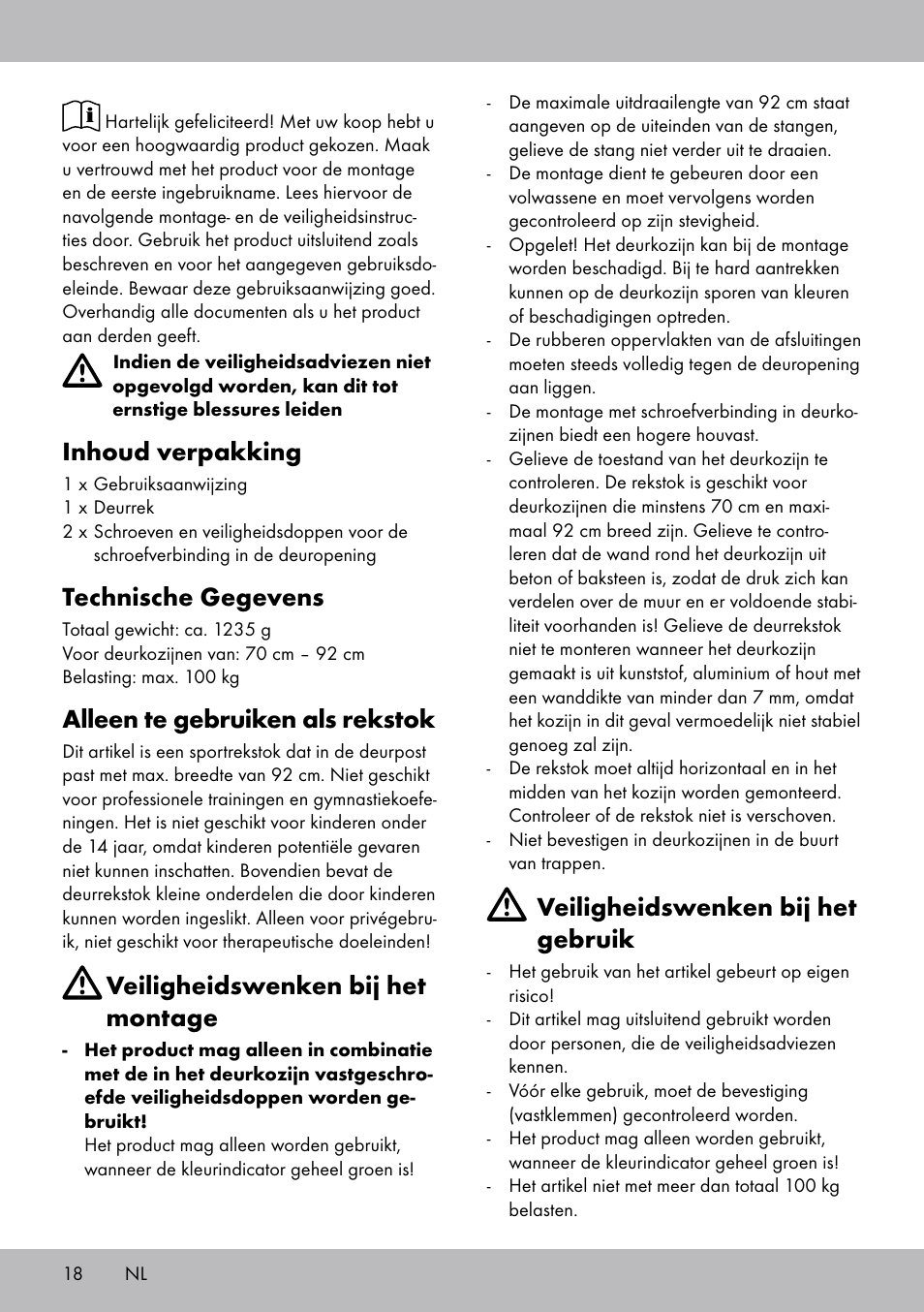 Inhoud verpakking, Technische gegevens, Alleen te gebruiken als rekstok | Veiligheidswenken bij het montage, Veiligheidswenken bij het gebruik | Crivit TR-1433 User Manual | Page 16 / 26