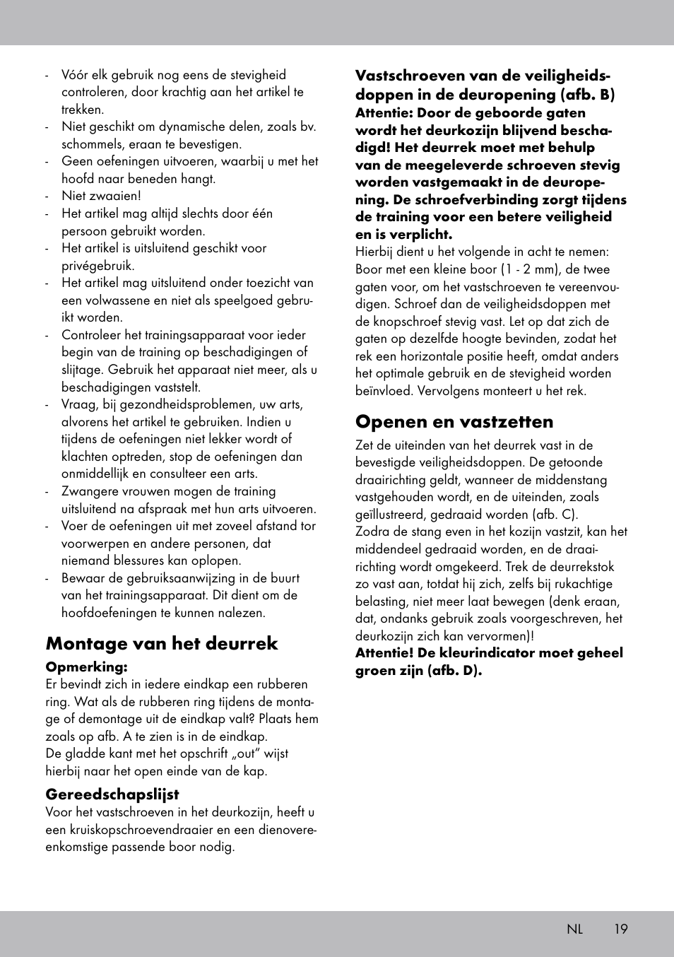 Montage van het deurrek, Openen en vastzetten | Crivit TR-1433 User Manual | Page 17 / 26