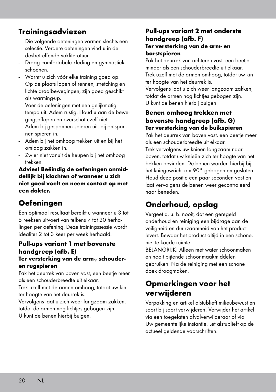 Onderhoud, opslag, Opmerkingen voor het verwijderen, Trainingsadviezen | Oefeningen | Crivit TR-1433 User Manual | Page 18 / 26