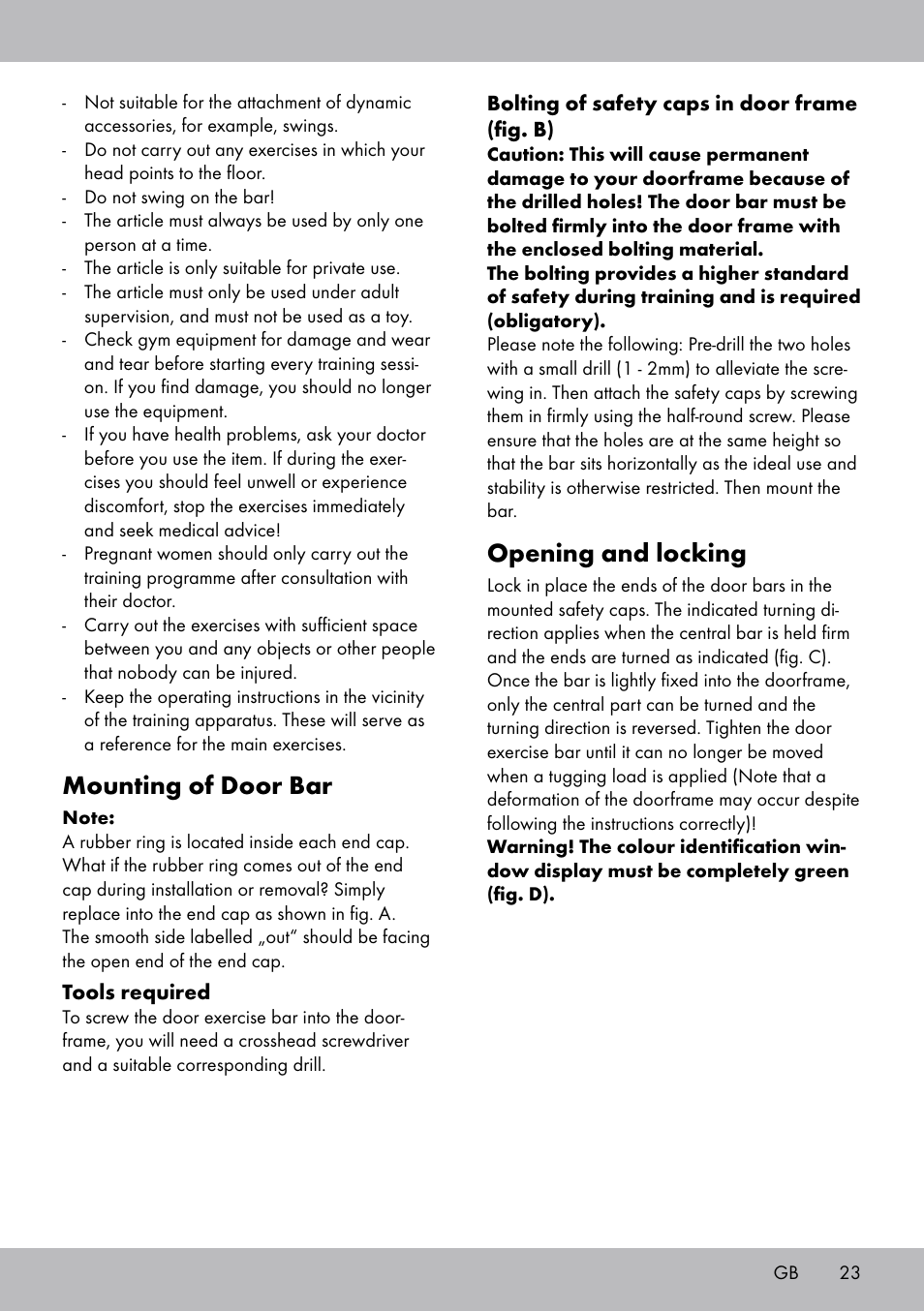 Opening and locking, Mounting of door bar | Crivit TR-1433 User Manual | Page 21 / 26