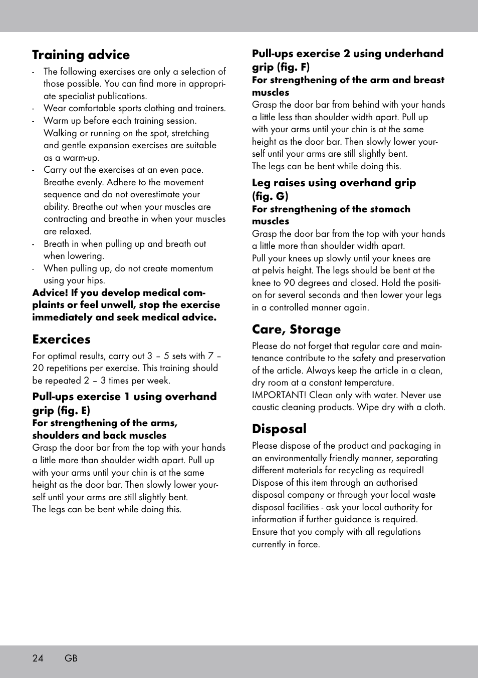 Training advice, Exercices, Care, storage | Disposal | Crivit TR-1433 User Manual | Page 22 / 26