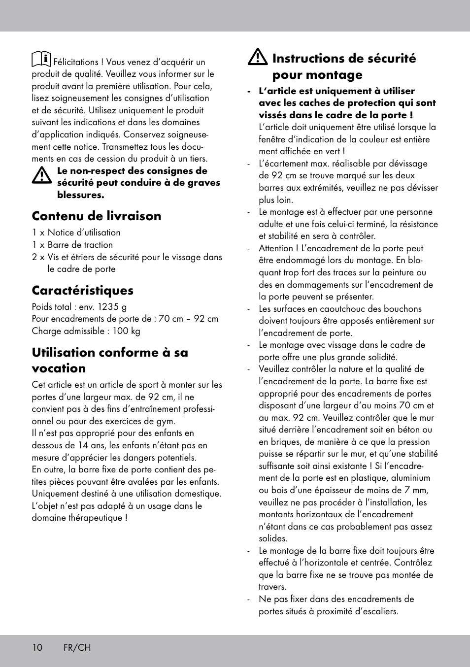 Contenu de livraison, Caractéristiques, Utilisation conforme à sa vocation | Instructions de sécurité pour montage | Crivit TR-1433 User Manual | Page 8 / 26