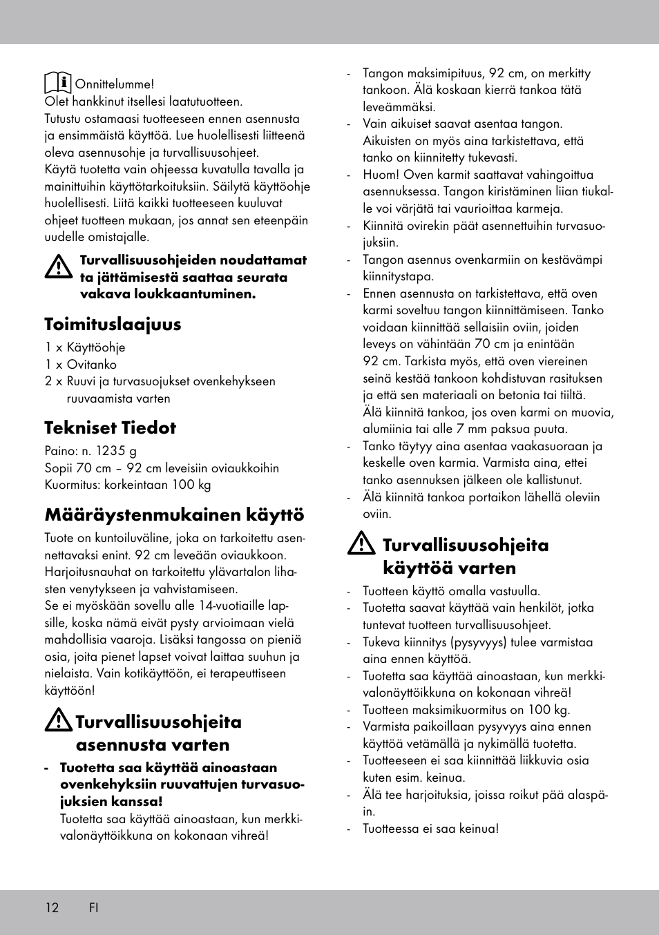 Toimituslaajuus, Tekniset tiedot, Määräystenmukainen käyttö | Turvallisuusohjeita asennusta varten, Turvallisuusohjeita käyttöä varten | Crivit TR-1433 User Manual | Page 10 / 30